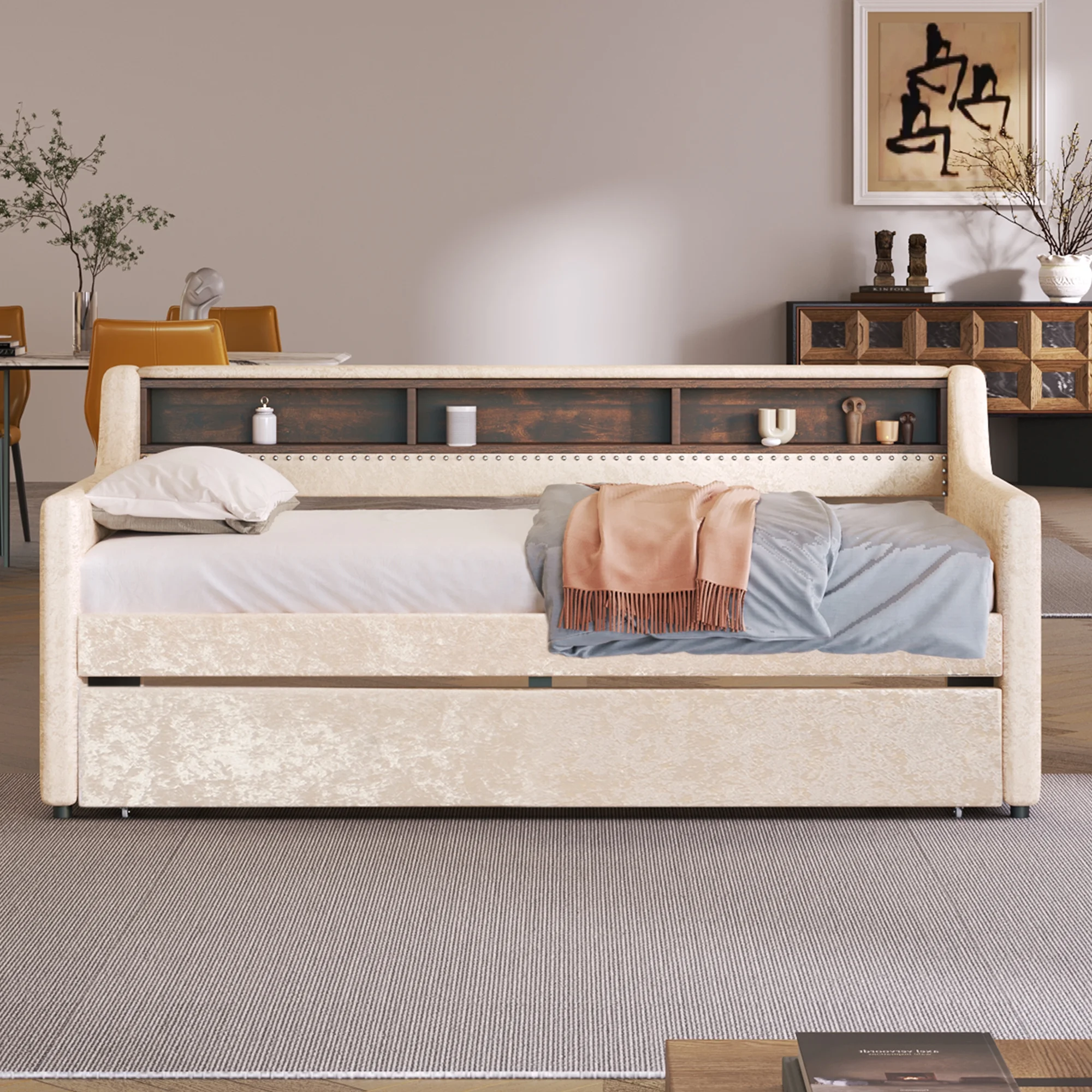 Churanty Twin Size Upholstered Daybed with Trundle and Built-in Storage Shelves, Snowflake Velvet Sofa Bed Wood Day Bed Frame for Bedroom Living Room Guest Room, Beige