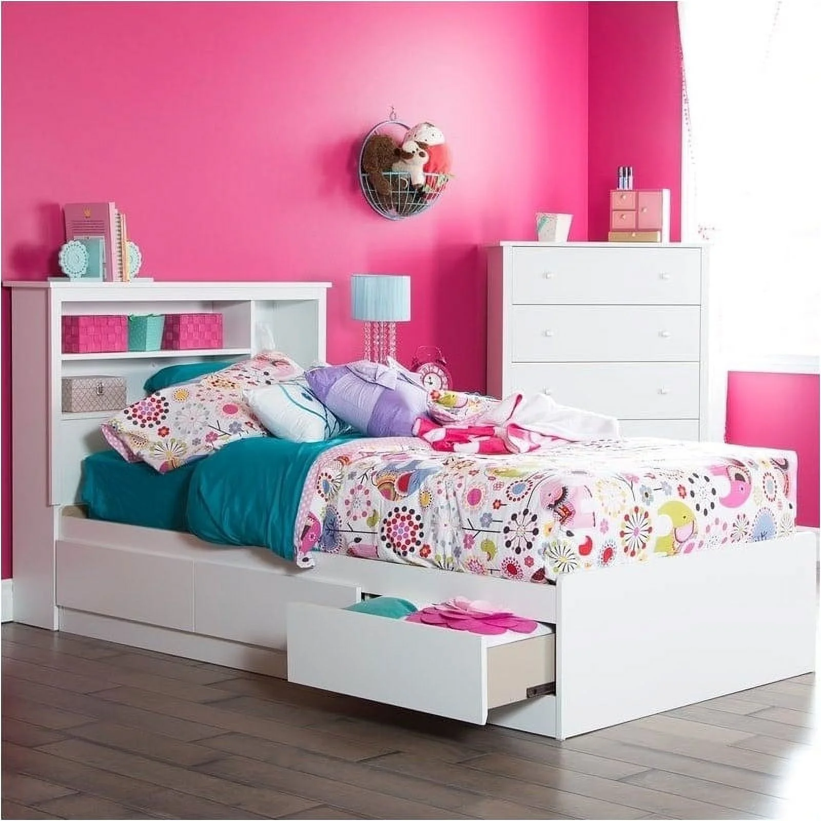 Pemberly Row Contemporary Wood Twin Mates Bed with 3 Drawers in Pure White