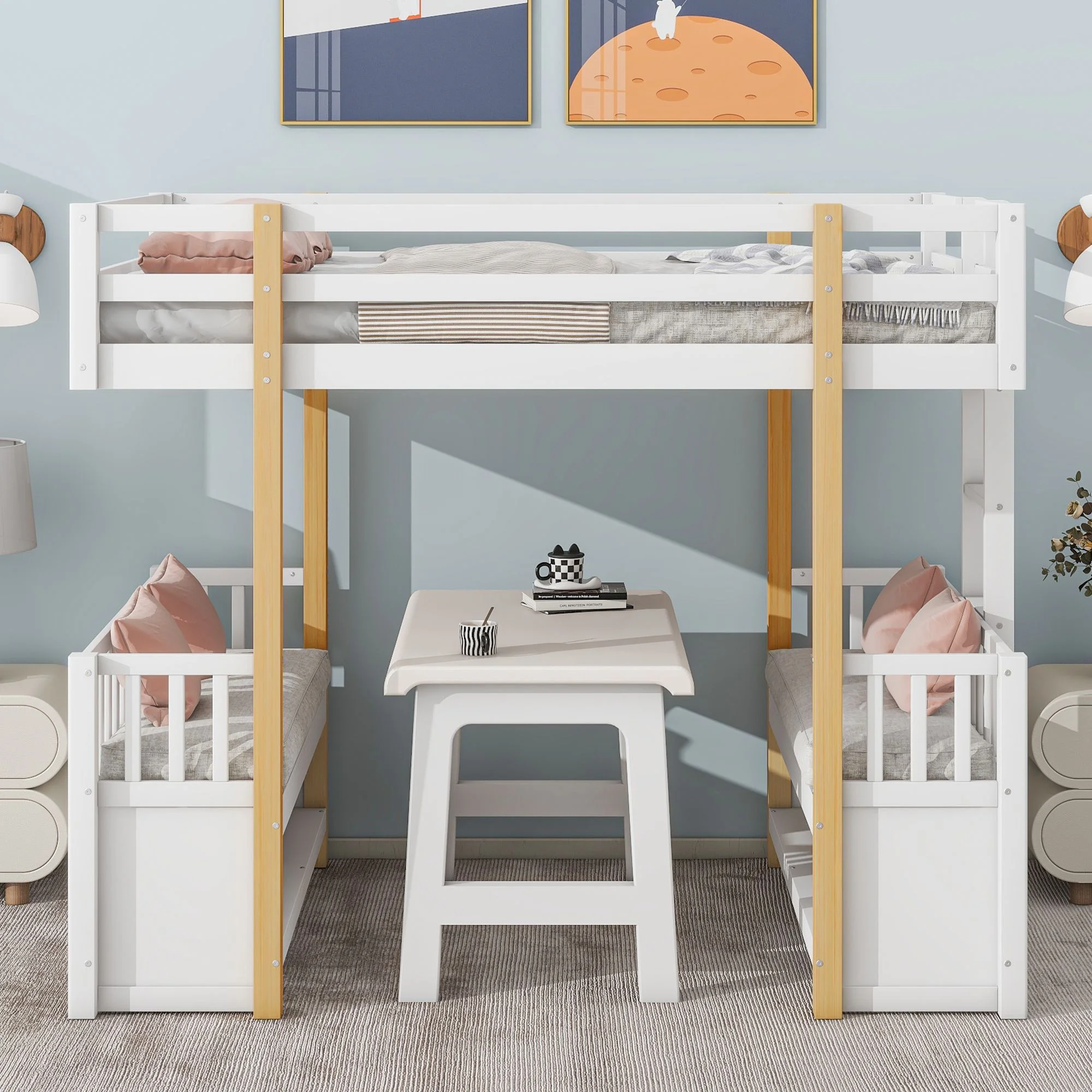 Twin Size Multifunctional High Loft Bed with 2 Seats and a Ladder, Sturdy Wooden Loftbed Frame with Ladder & Safety Guardrail for Teens Bedroom, Space Saving Design