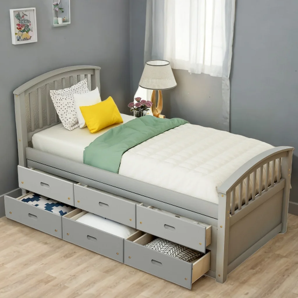 Twin Size Platform Storage Bed Solid Wood Bed with 6 Drawers Comfort Bed for Bedroom (Gray)