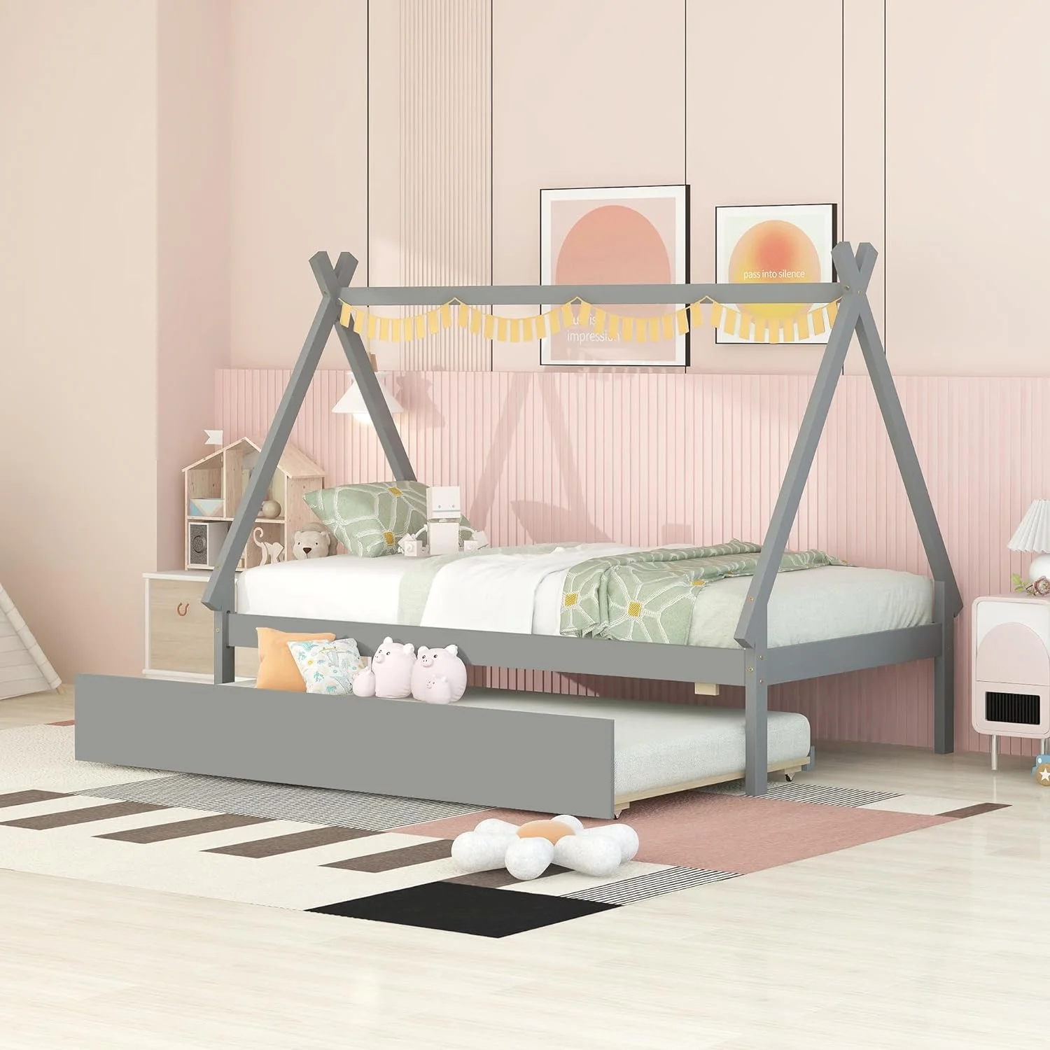 Size Tet Bed For Kids, Teepee Bed Frame With Trudle,Wood Motessori Bed For Girls Boys Bedroom Furiture, Grey