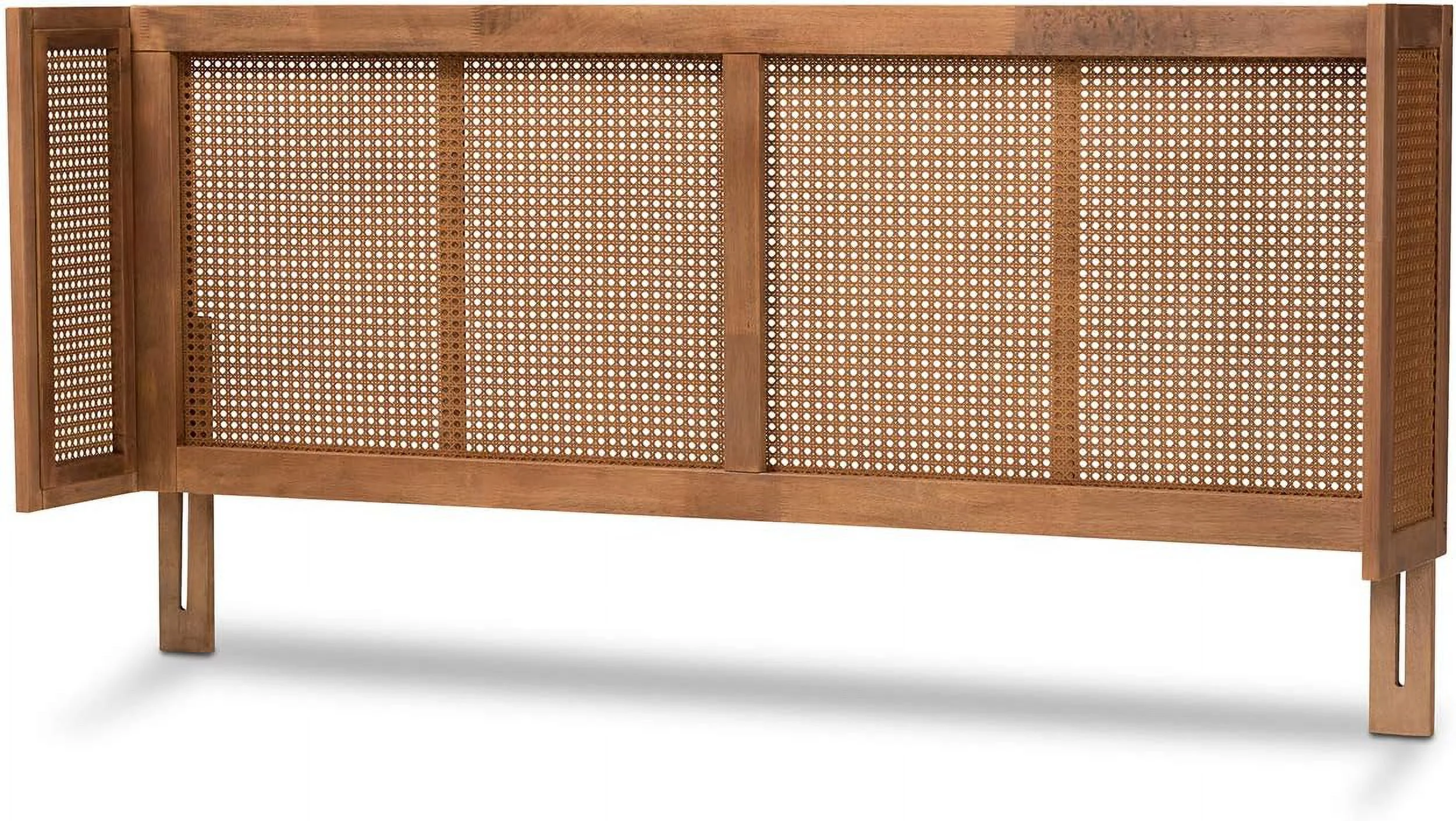 Rina -Century Modern Wanut Finished Wood And Synthetic Rattan Full Size Wrap-Around Headboard