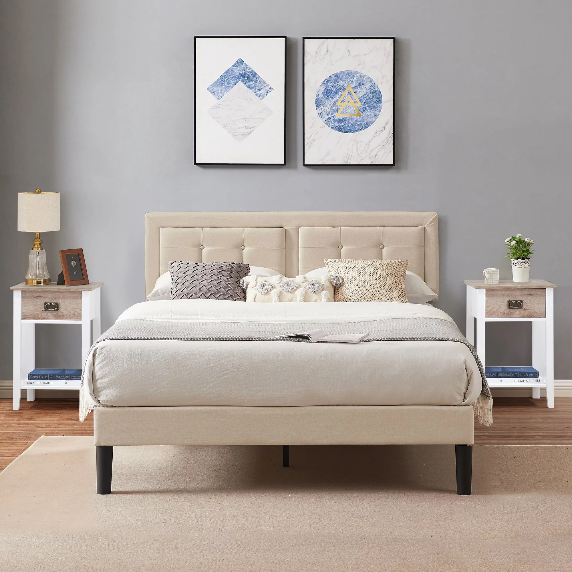VECELO 3-Piece Bedroom Set Include Upholstered Bed Frame and 2 Nightstands, Full Size, Beige