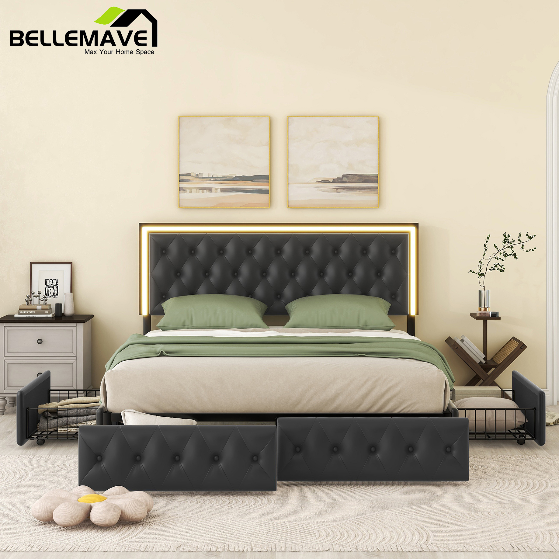 Bellemave Queen Bed Frame with 4 Drawers, LED Light Queen Size Platform Bed with Storage, PU Leather Upholstered Bed with Adjustable Headboard, No Box Spring Needed, Beige