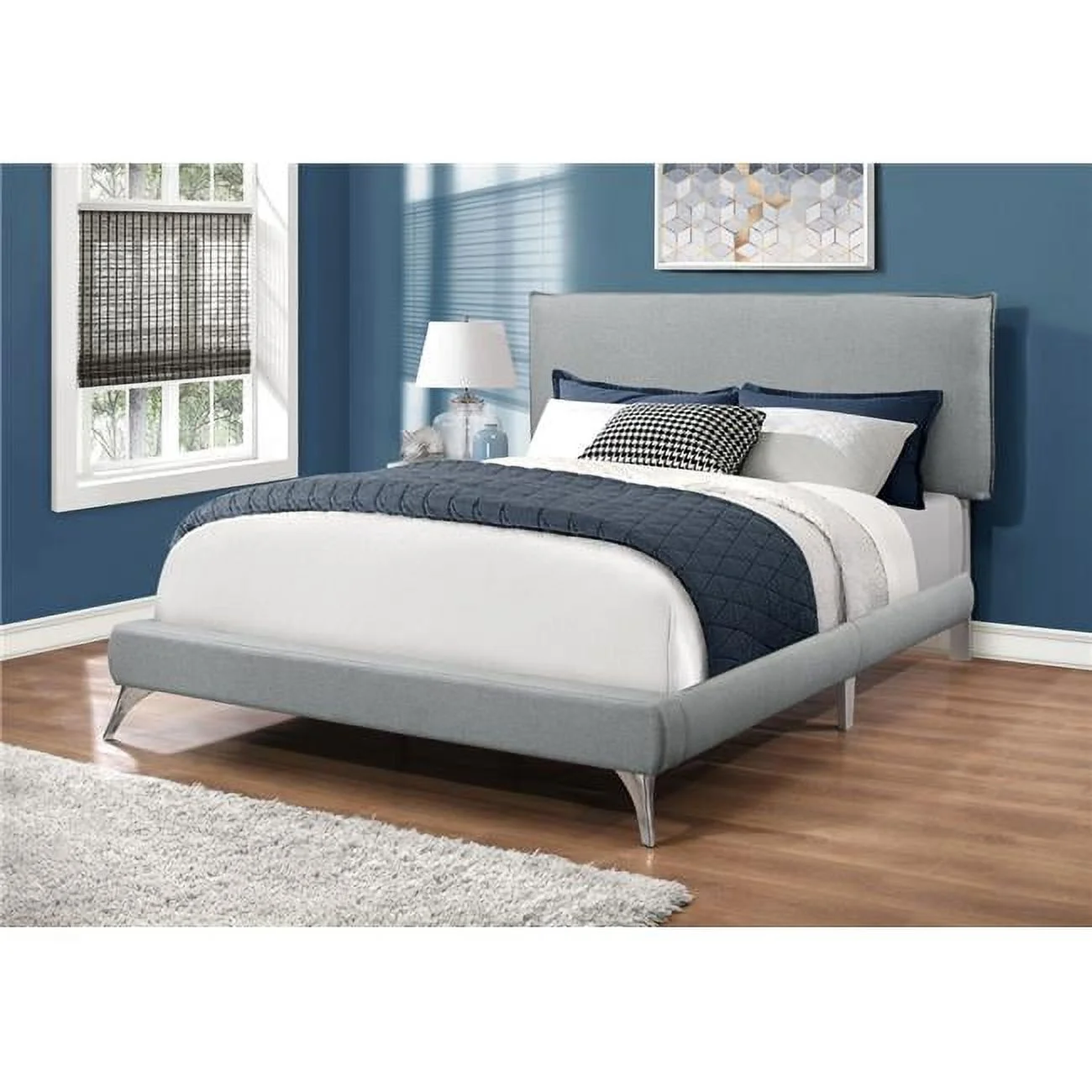 Grey Linen Bed with Chrome Legs - Queen Size
