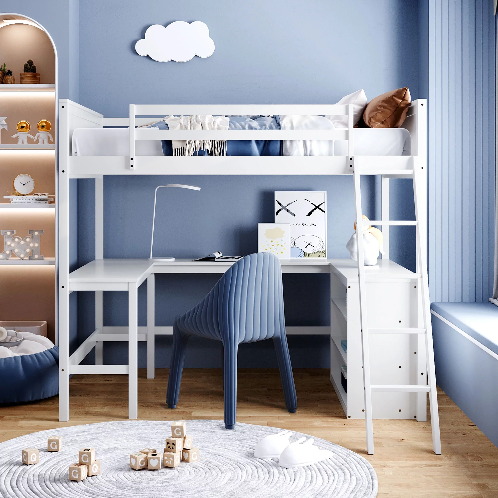 Dawn Whisper Full size Loft Bed with Shelves and Desk, Wooden Loft Bed with Desk in White
