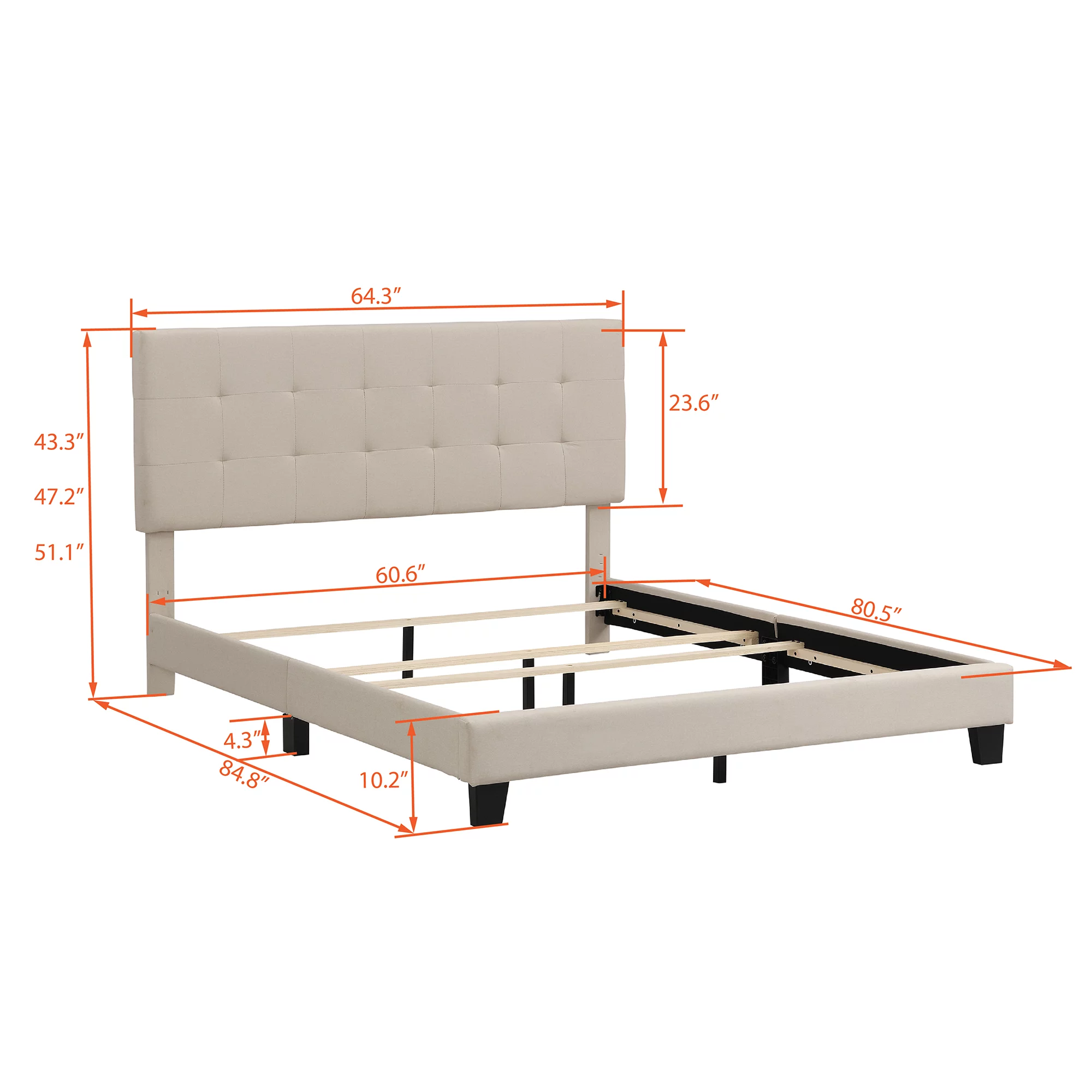 Beige Queen Size Linen Fabric Upholstered Platform Bed with Tufted Headboard, Box Spring Needed
