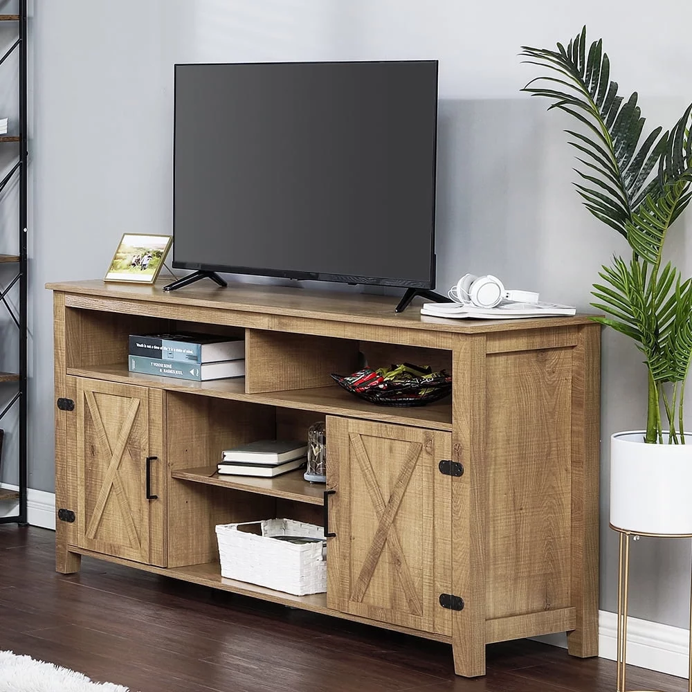 Dextrus Farmhouse TV Stand for 65 Inch TV, Barn Door Entertainment Center, Rustic TV Media Console Storage Cabinet for Living Room, Brown
