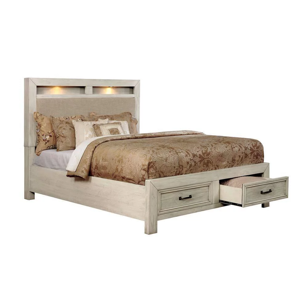 Transitional Antique White Solid Wood Queen Bedroom Set 6pcs FOA CM7365WH Tywyn