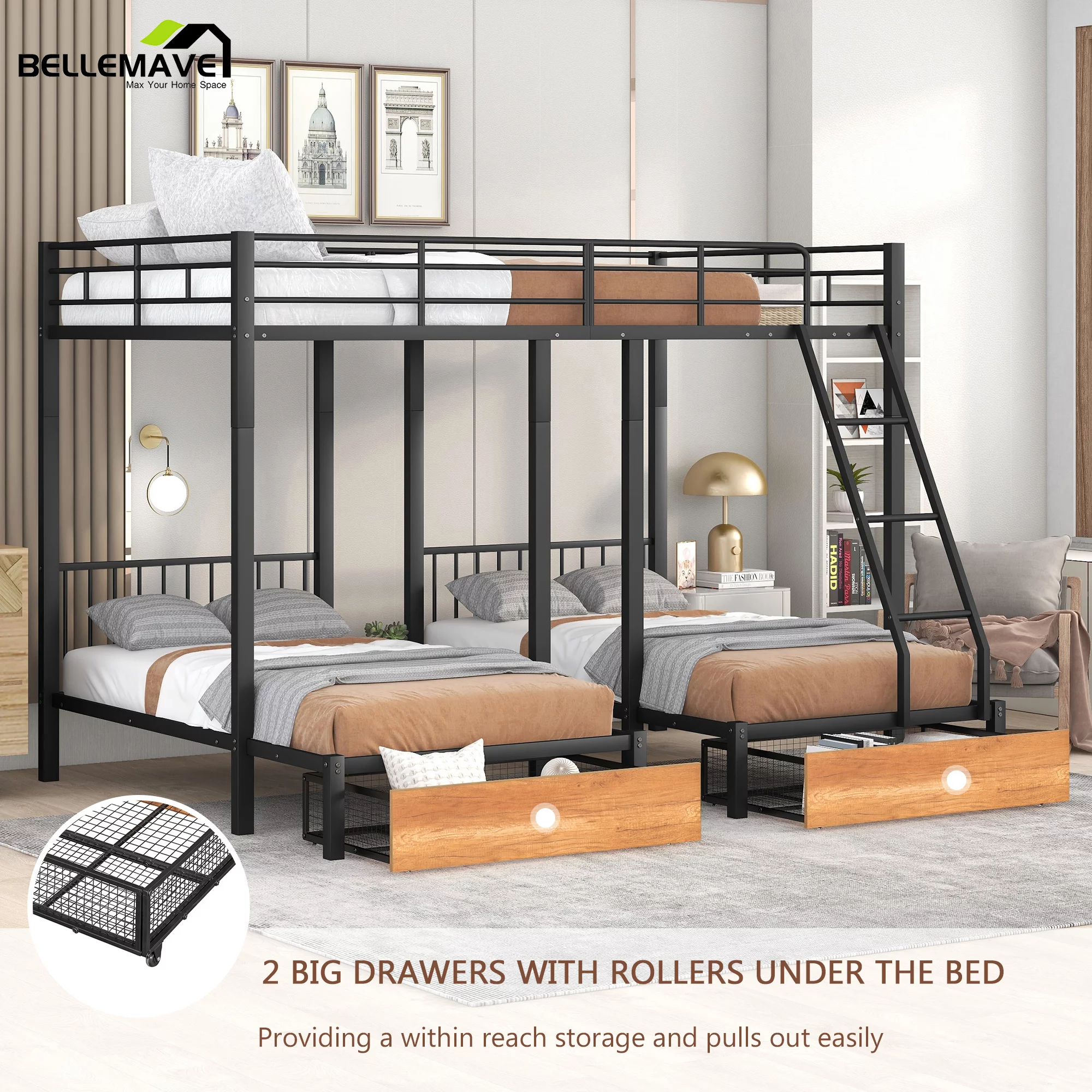 Bellemave Metal Full over Twin over Twin Triple Bunk Bed with Storage Drawers, 3 Bunk Bed Can Be Separated into 3 Single Beds for Kids, Teens, Boys & Girls (Black)