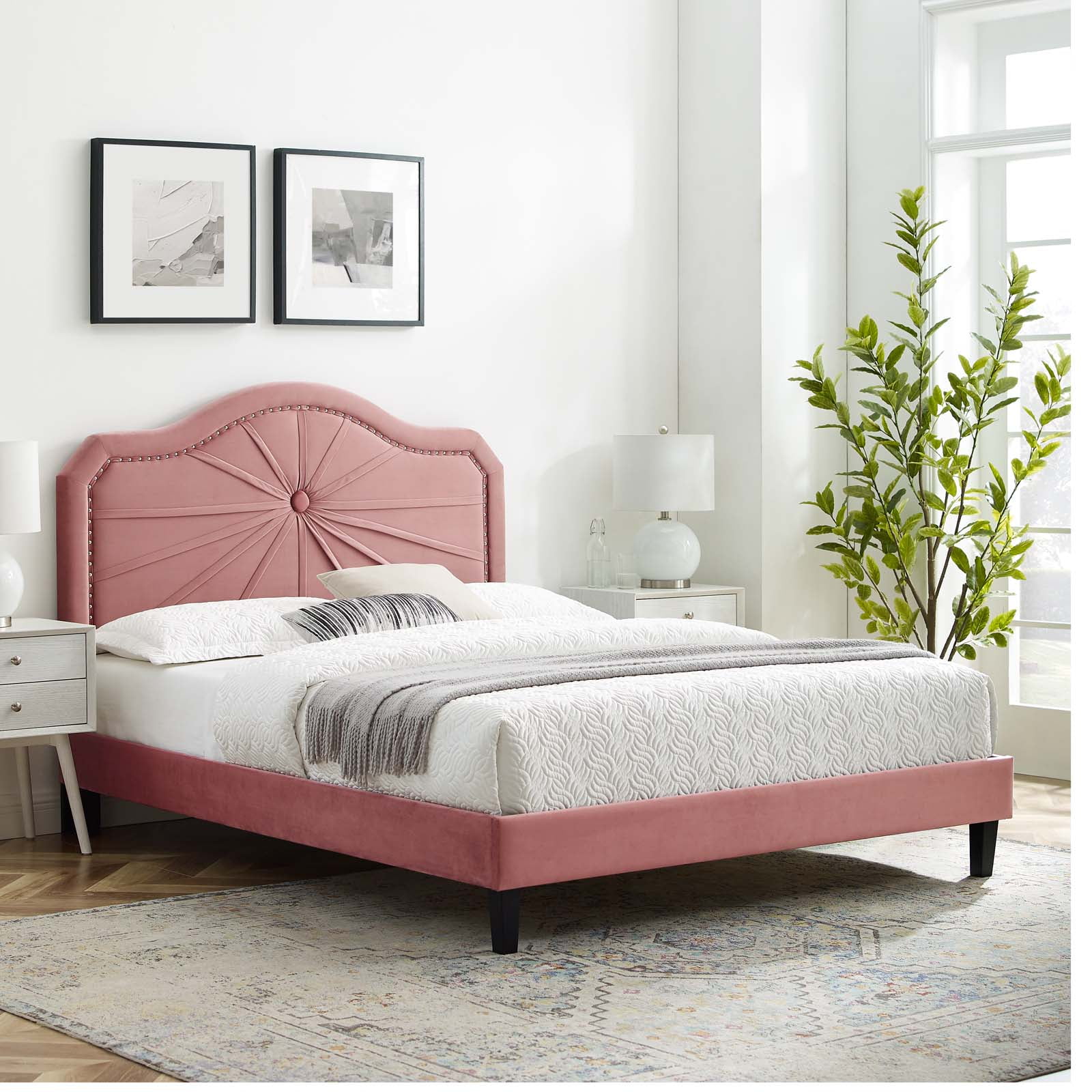 Modway Portia Performance Velvet King Platform Bed in Dusty Rose