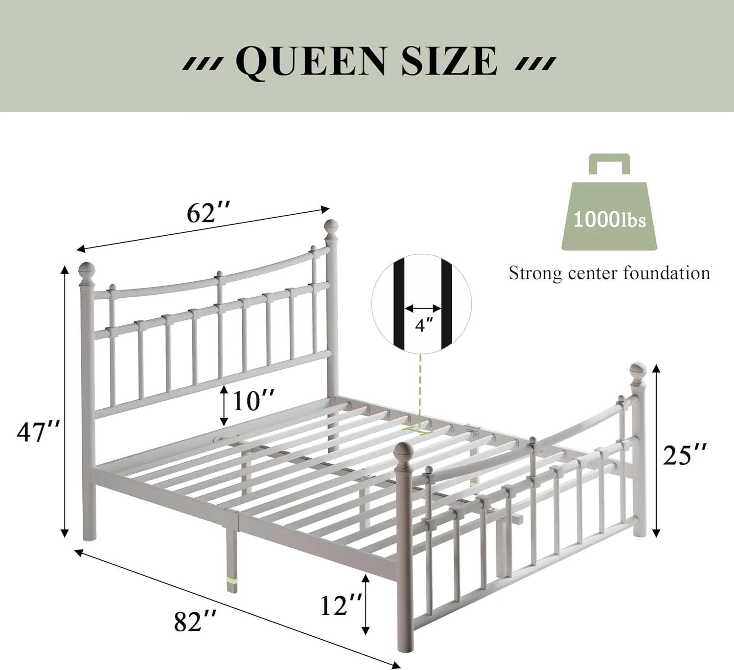 Queen Size Metal Platform Bed Frame with Iron-Art Headboard and Footboard, Hardened Steel Slats, 12