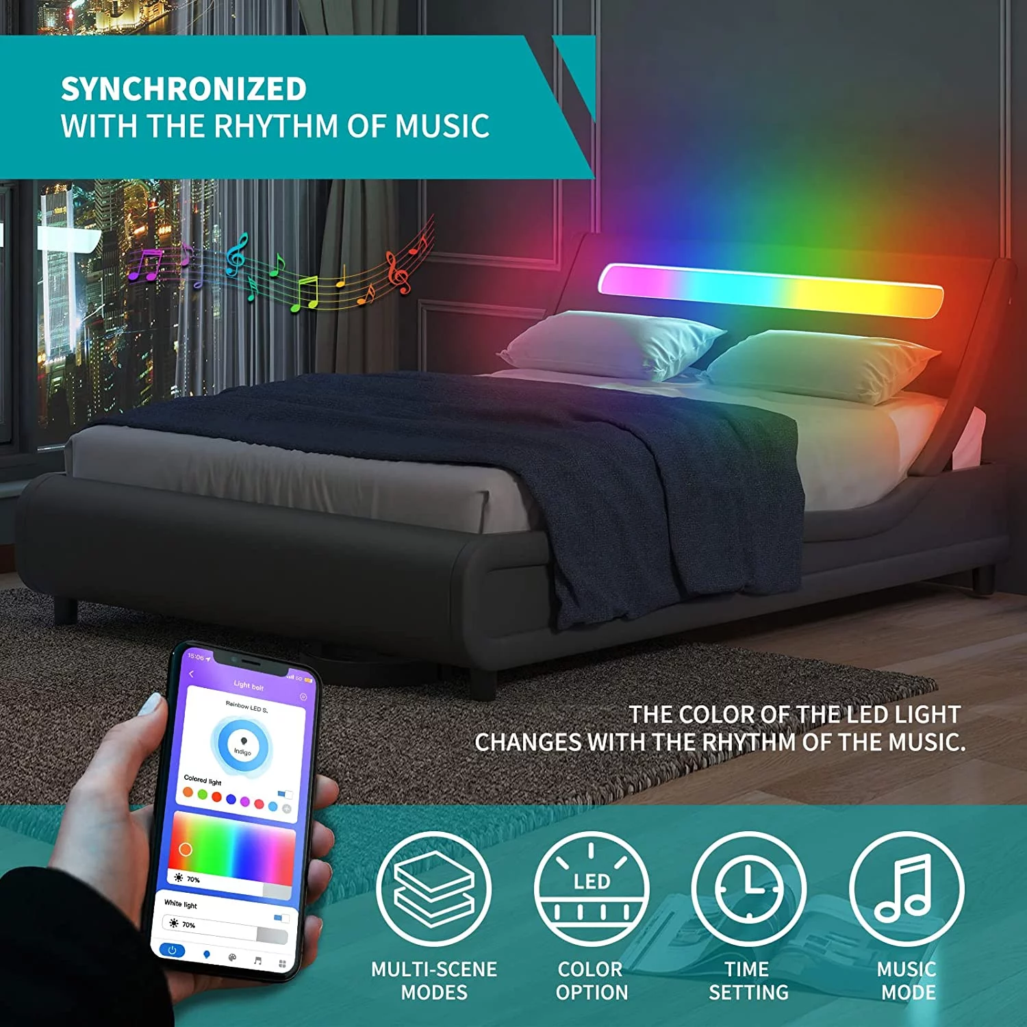 Mjkone King Size Bed Frame with RGB LED Headboard, Platform with Music Sync Compatible with Alexa or Apps, Upholstered Bedframes Adjustable Lighting Effects/App Control/No Box Spring Needed, Gray