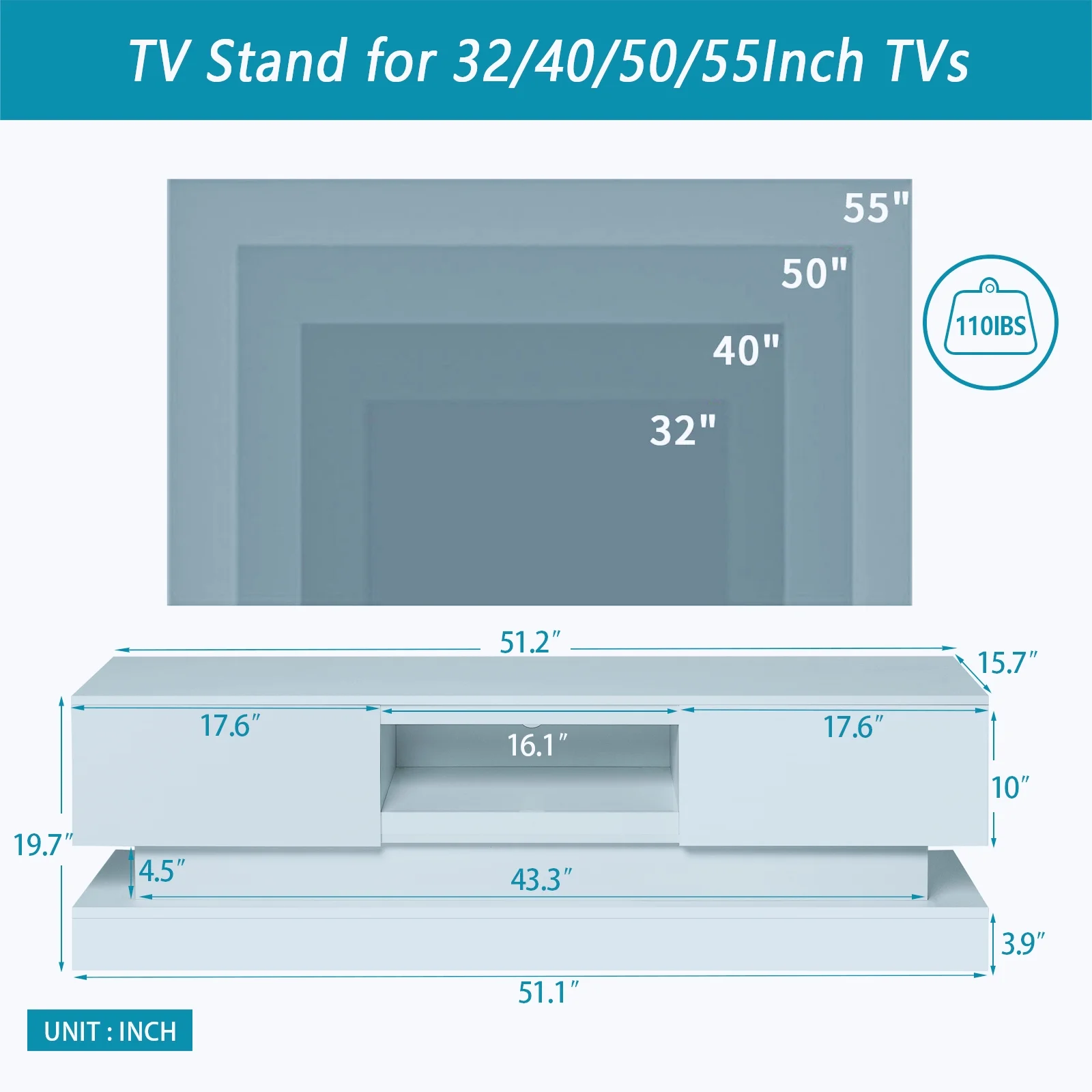 51.18inch Black Morden TV Stand with LED Lights,high Glossy Front TV Cabinet,can be Assembled in Lounge Room, Living Room or Bedroom (White)
