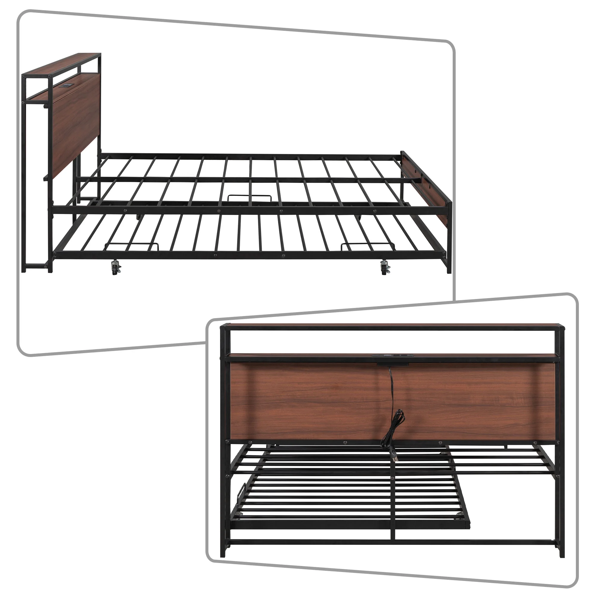 Modern and Minimalist Style Full-size Platform Bed with Pull-out Trundle and Metal Frame, Black