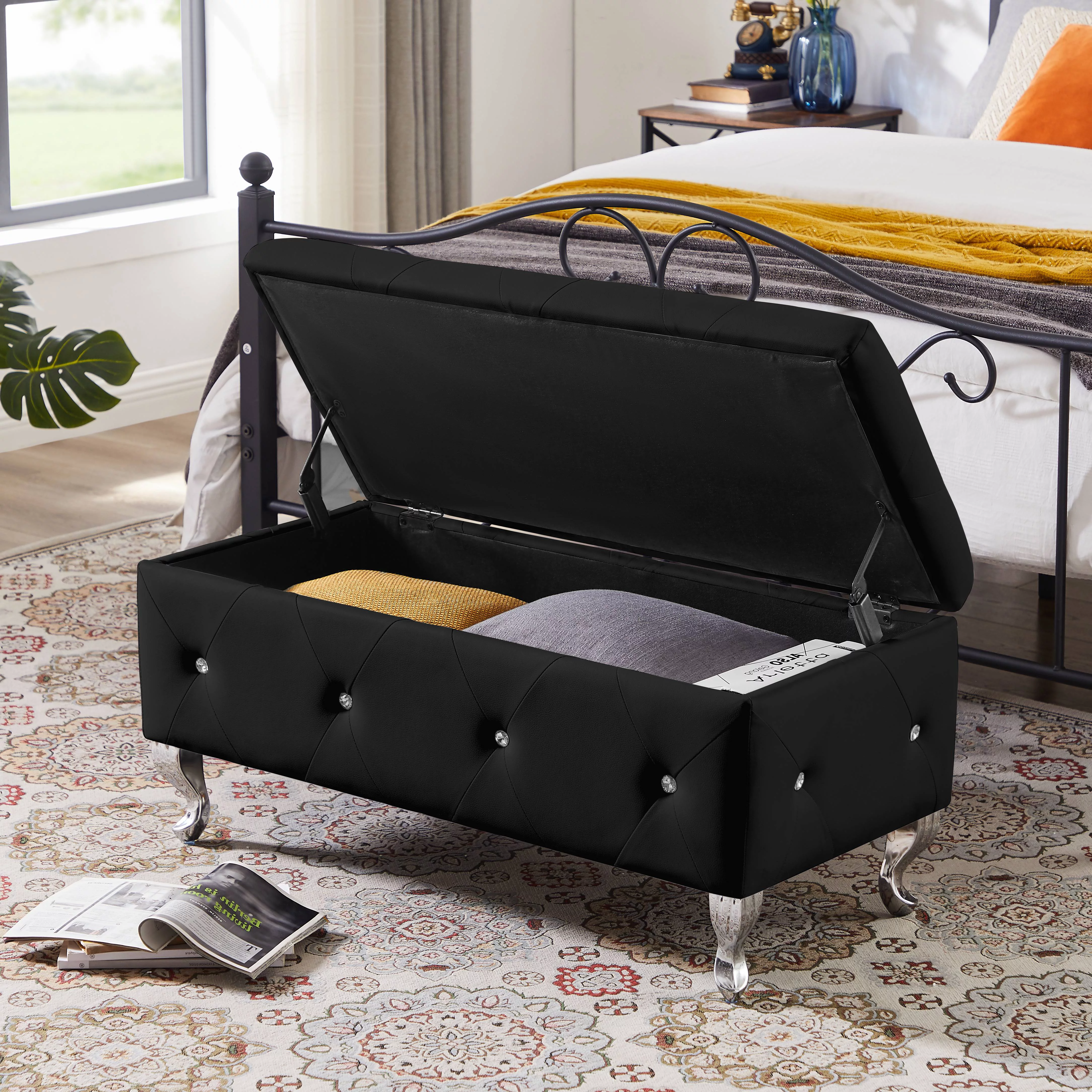 Upholstered Storage Bench, Entryway Flip Top Bench with Safety Hinge, Storage Chest with Padded Seat, Bed End Ottoman with Storage for Bedroom, Holds up to 250lb, Black PU, L0249