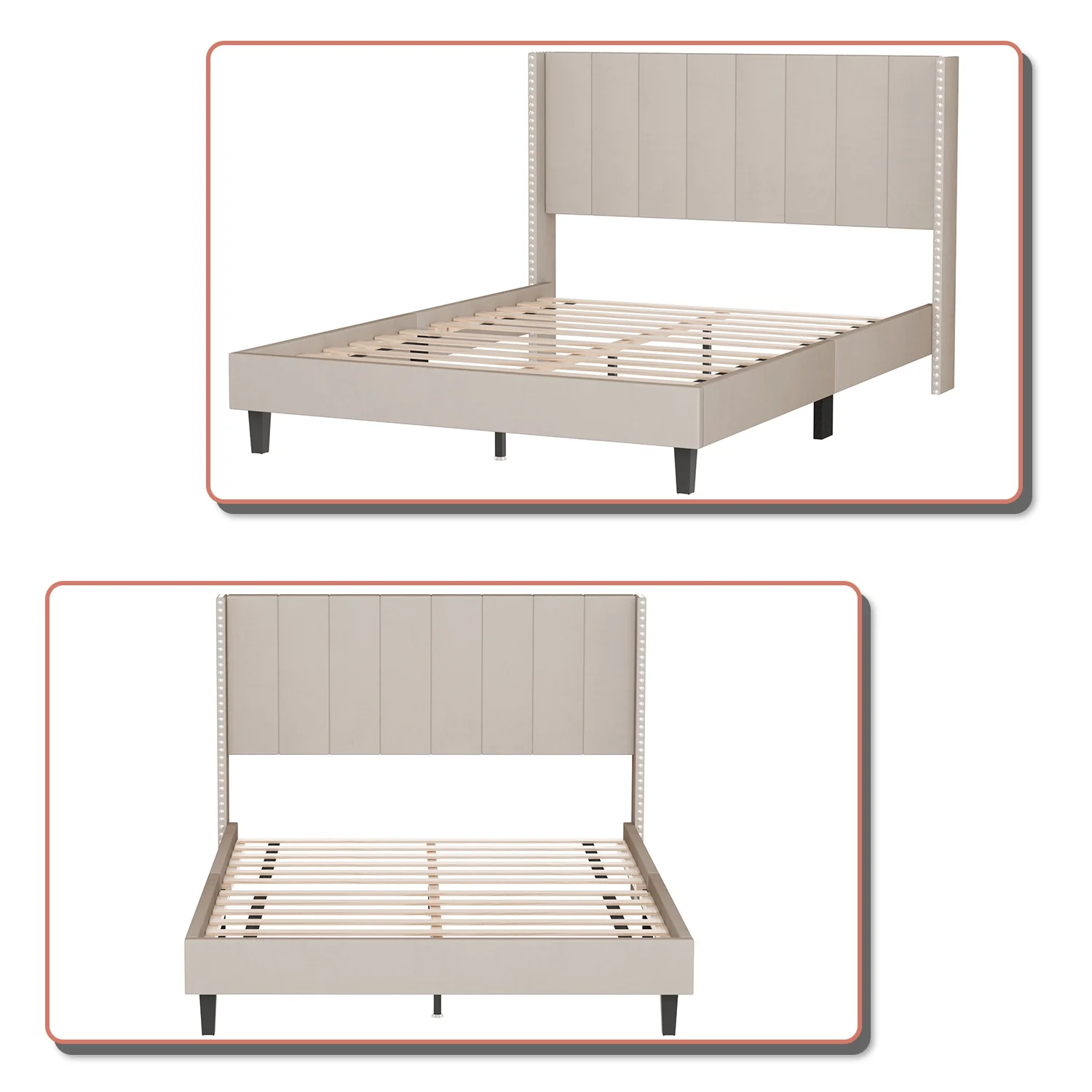 Modern and Elegant Queen-sized Velvet Fabric Upholstered Platform Bed with Nailhead Trim and Wooden Frame, Beige