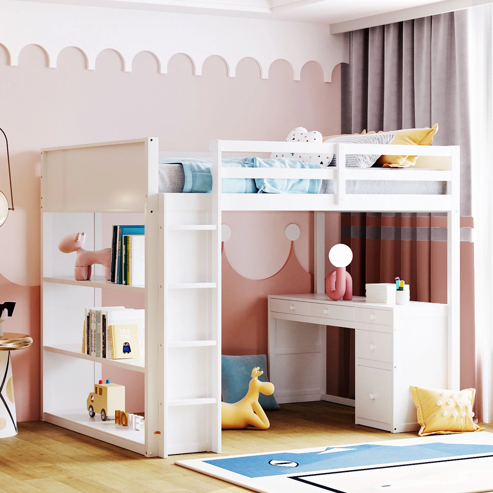 CoSoTower Full Size Loft Bed with Ladder, Shelves, and Desk, White