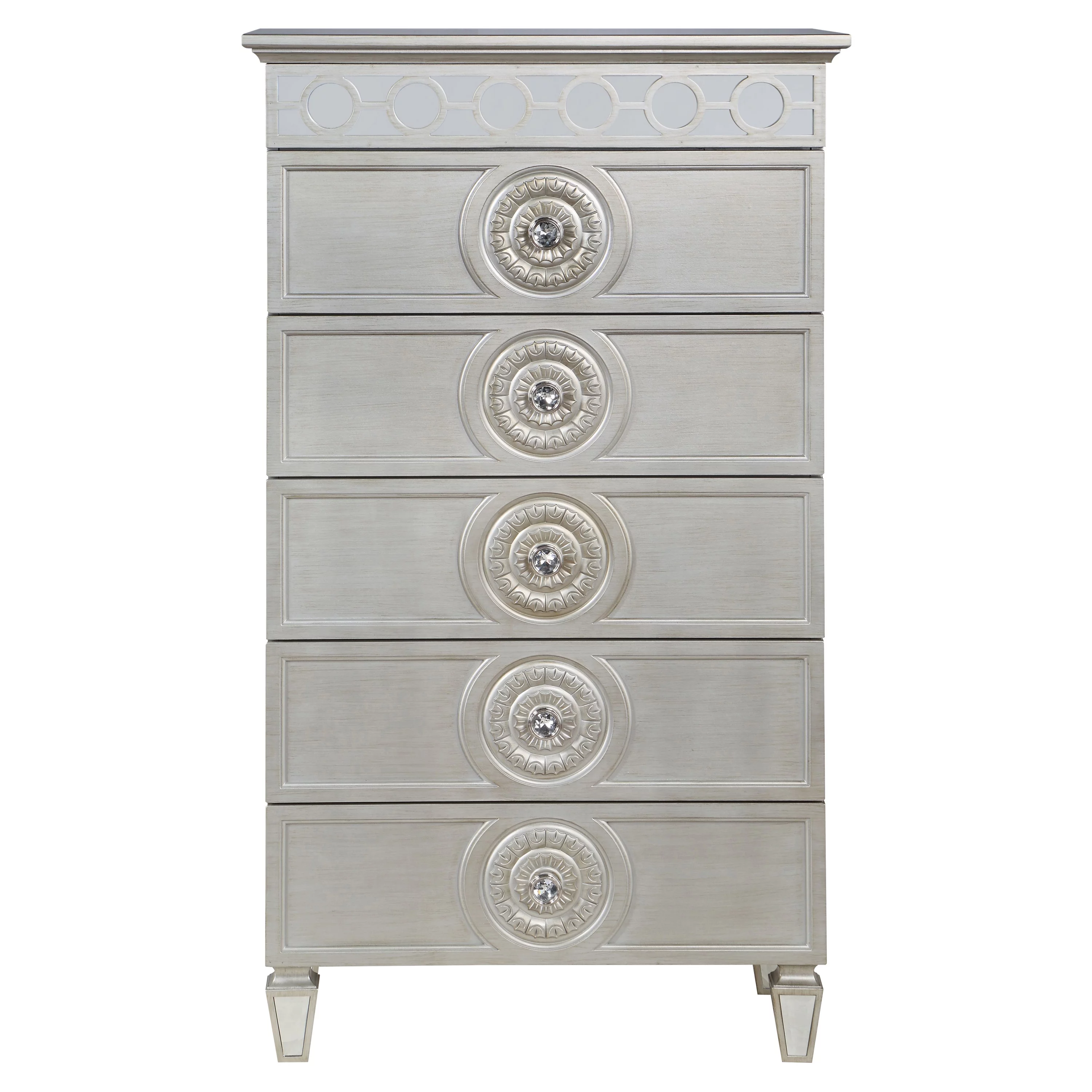 ACME Varian 5 Drawers Wooden Chest with Mirror Inlay in Silver