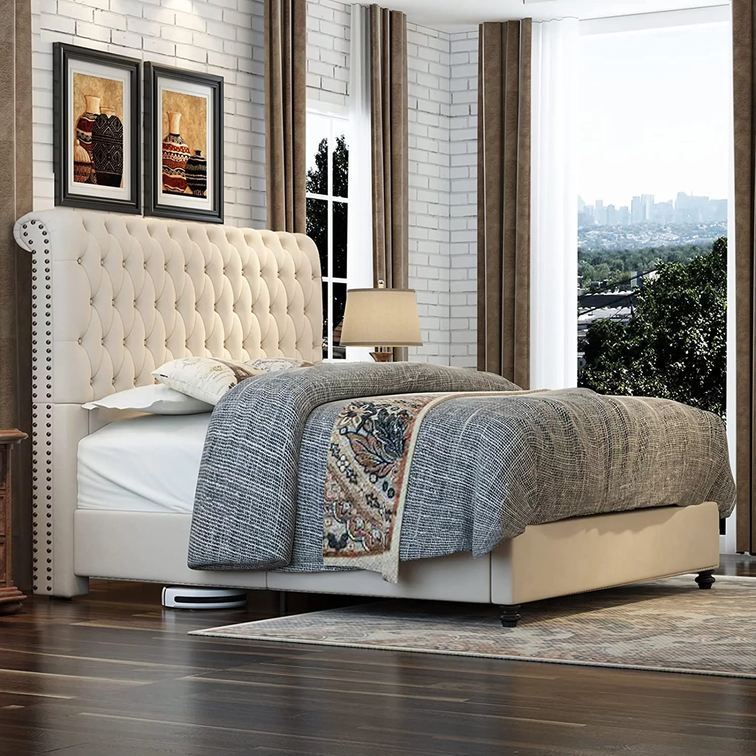 Platform Bed Frame King Size Velvet Upholstered Sleigh Bed Button Tufted Headborad/No Box Spring Needed/Gray