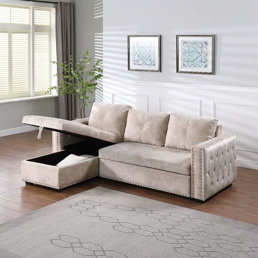 Morden Fort Sectional Sleeper Sofa Bed with L Shape Storage Chaise Reversible Beige Velvet