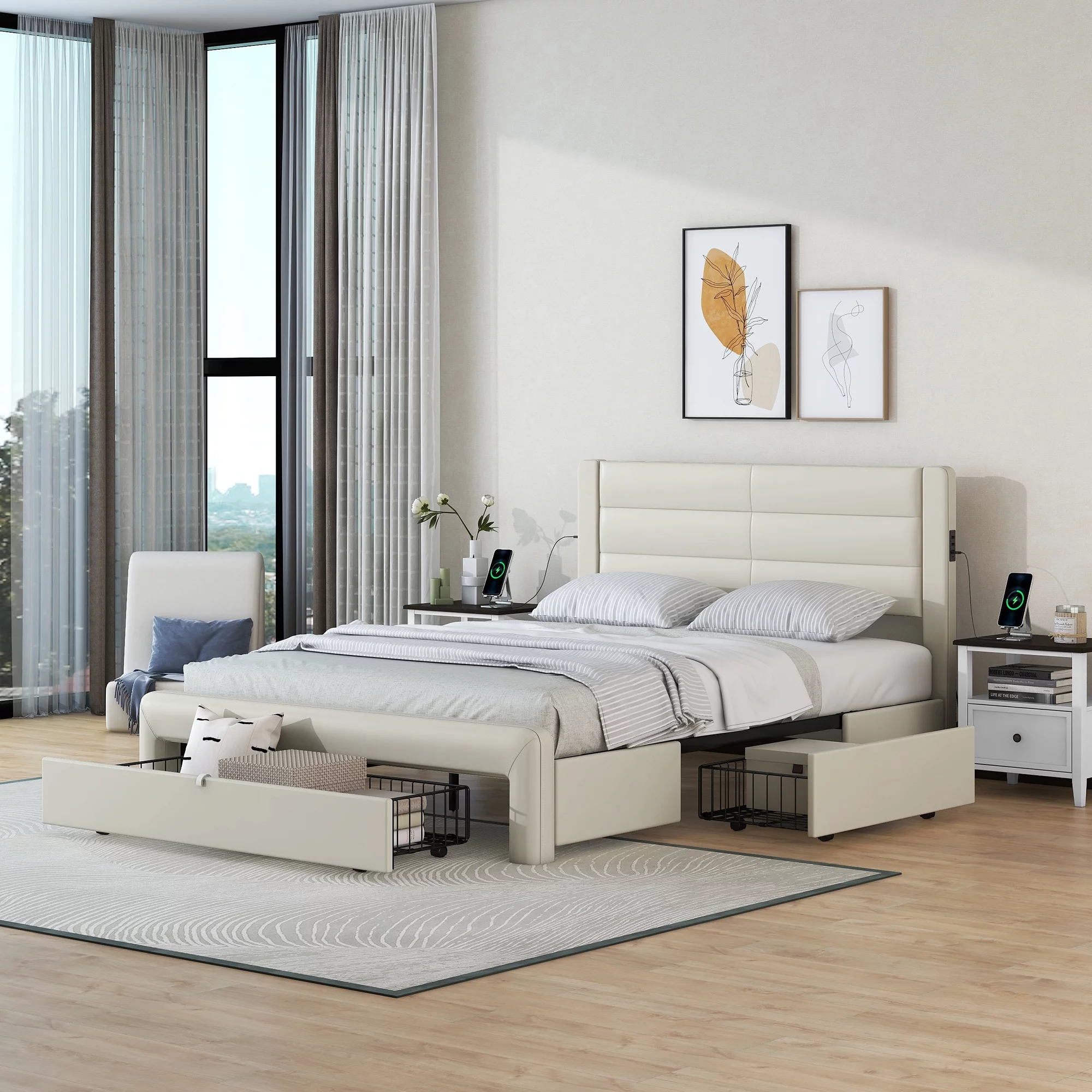 Momspeace Queen Size Bed Frame with Storage, Upholstered Platform Bed with Charging Station, Beige