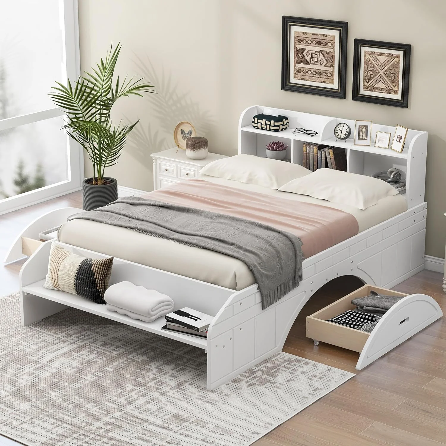 Wood Full Size Bed With Bookcase Headboard, Full Size Platform Bed Frame With 2 Drawers, Storage Headboard And Footboard, No Box Spring Needed, White