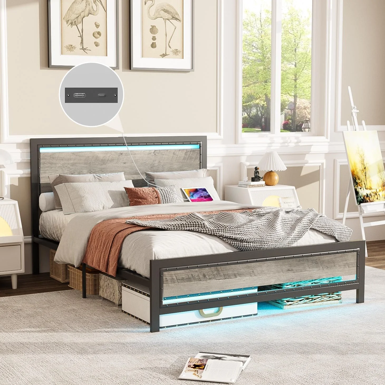 Vabches Queen Size Bed Frame with Charging Station and LED Lights, Metal Bed Frame with Riveted Headboard and Footboard,Bed Frame with Underbed Storage, No Springs Needed, Noise-Free, Gray