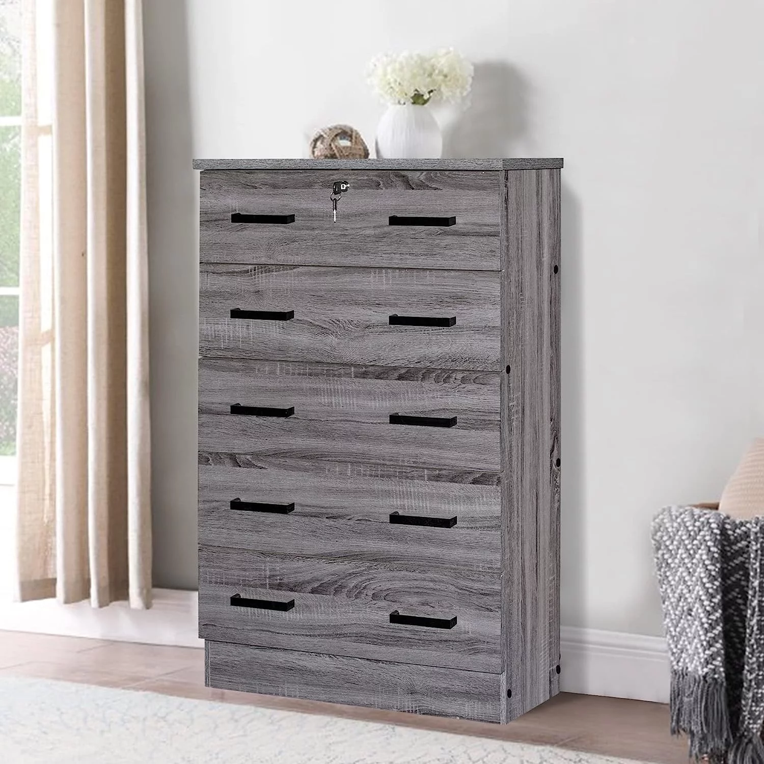 Popular 5 Drawer Chest Wooden Dresser with Lock (Grey)