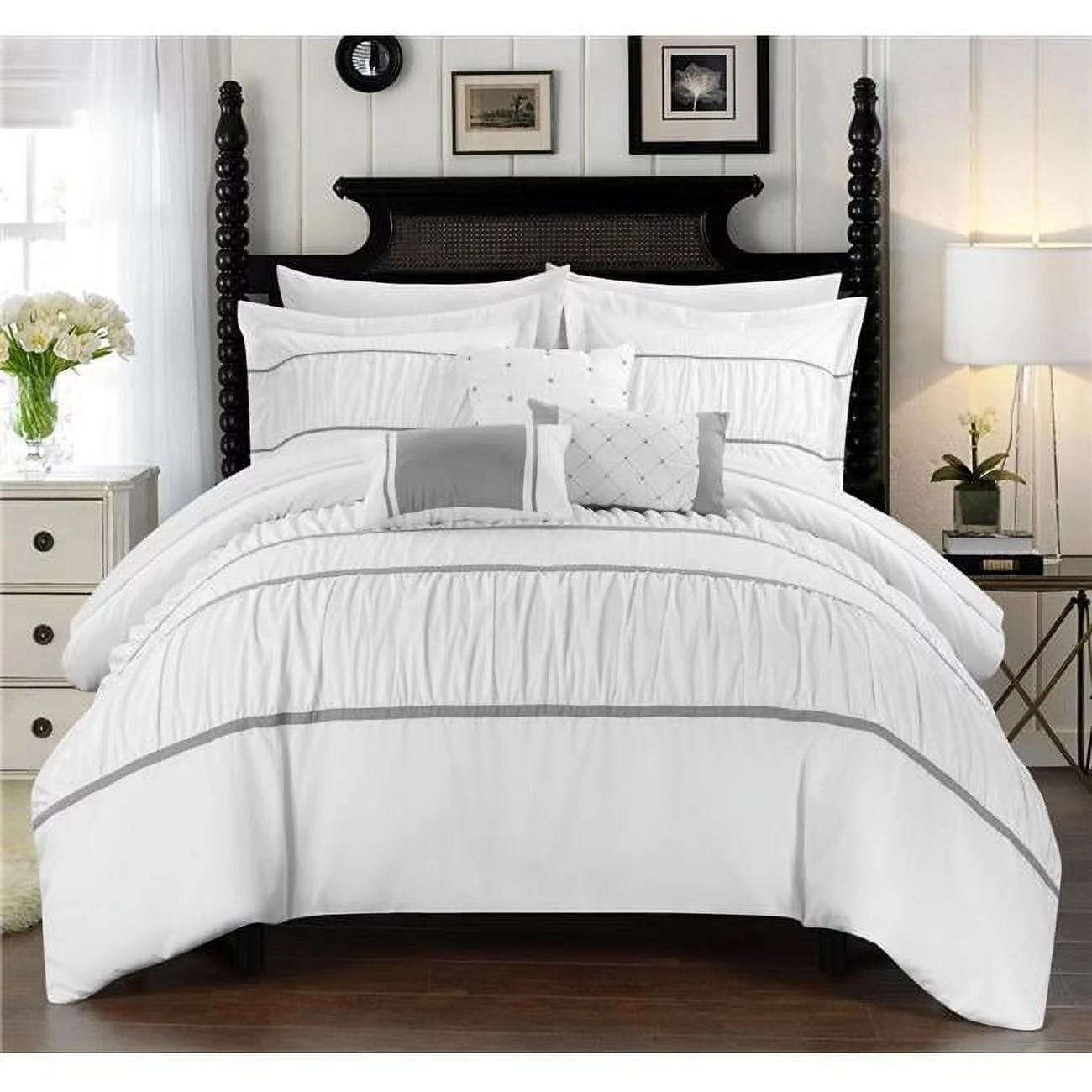 Penelope Pleated & Ruffled Bed in a Bag Comforter Set with Sheets - White - Queen - 10 Piece