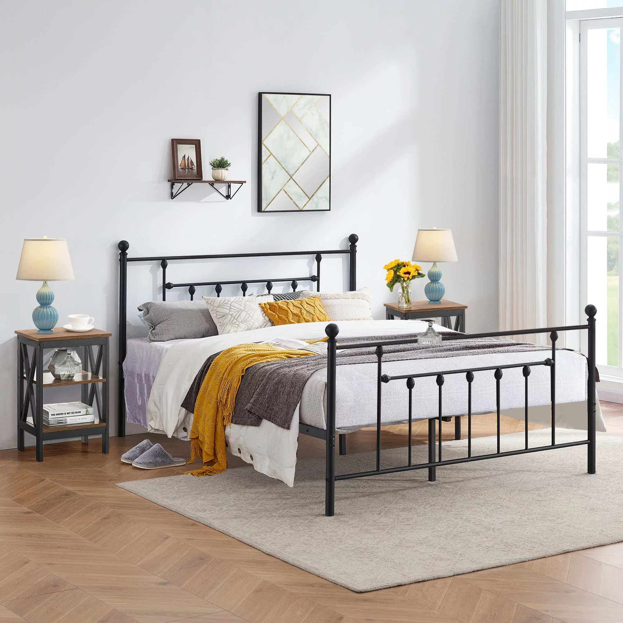3 Piece Queen Size Bedroom Sets Black Metal Bed Frame and 2 Brown Nightstands