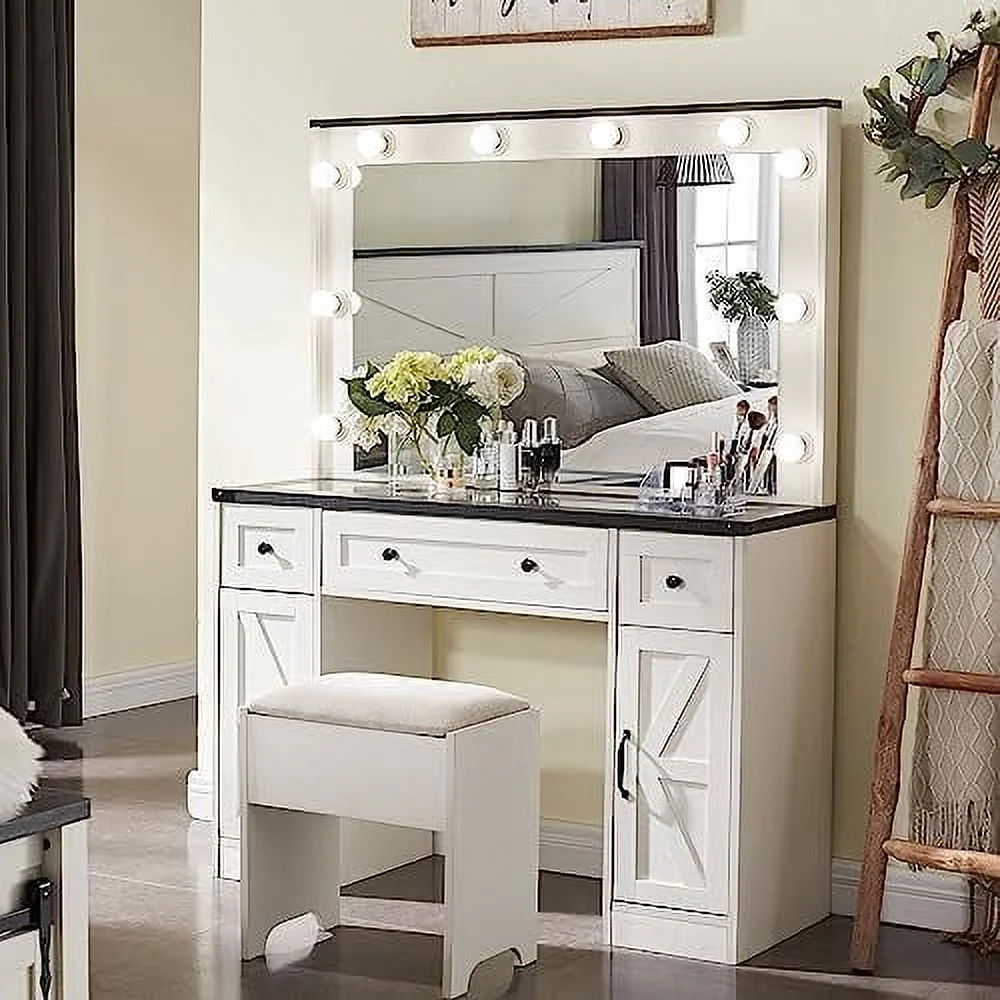 NLIBOOMLife 43" Vanity Desk with Mirror and Lights Farmhouse Vanity Dressing Table Set with 3 Drawers & 2 Cabinets Stool Included Bedroom Off White