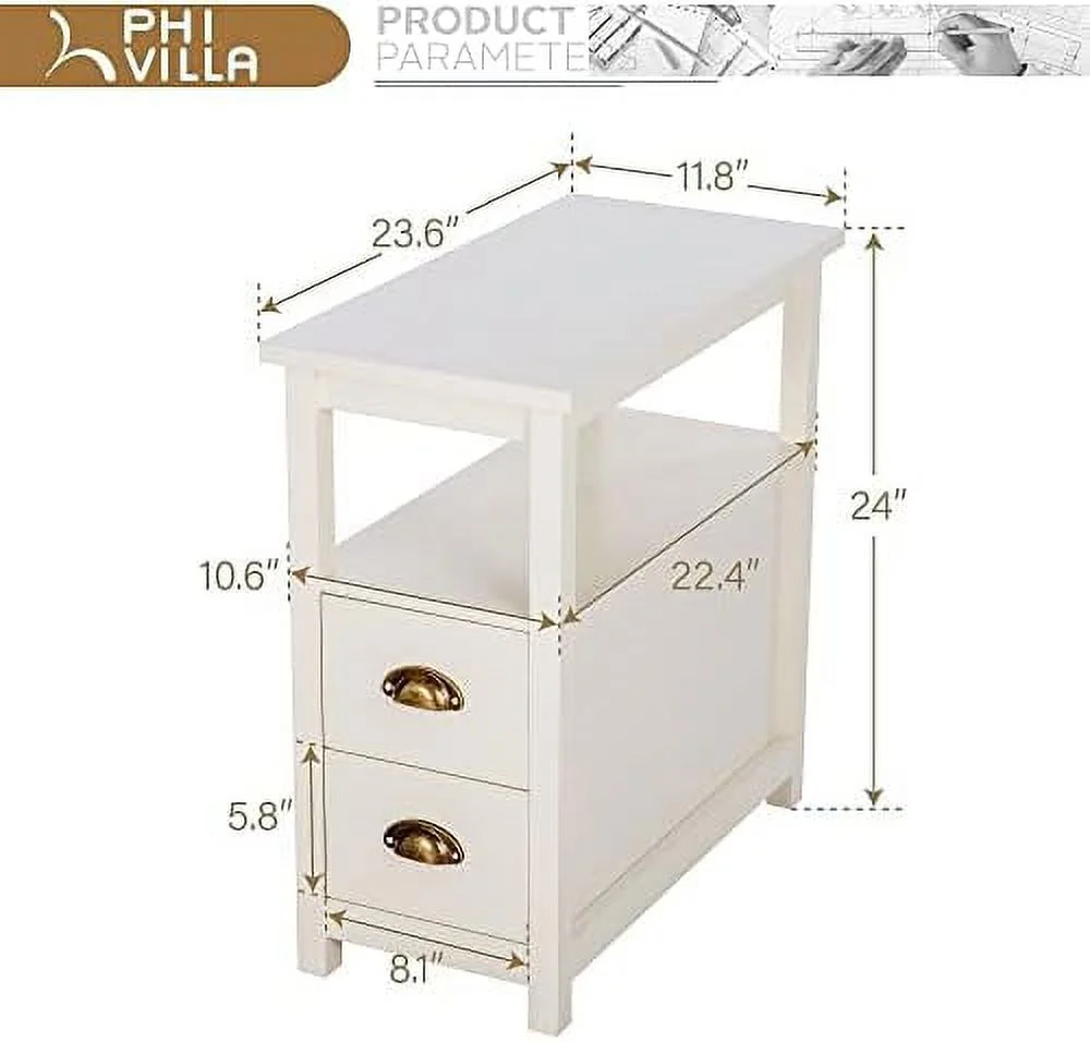 HOOMHIBIU Narrow End Table Set of 2 Nightstands Side Table with Drawer for Living Room Bedroom Small Space Skinny Sofa Table Bedside Tables Ivory