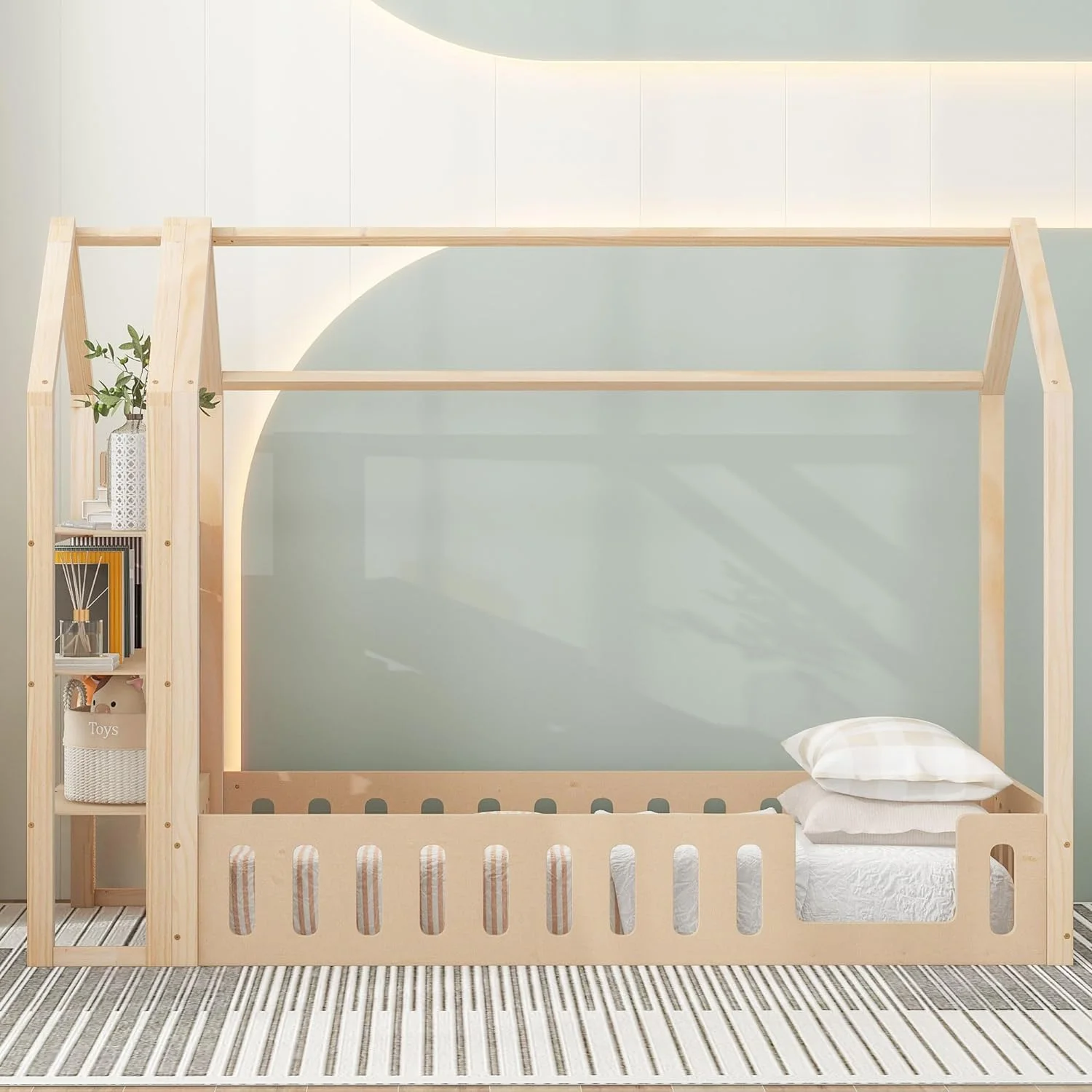 House Bed For Kids, Floor Bed Frame With A Detachable Storage Shelf, Wood Motessori Bed With Storage For Childre Girls, Boys, atural