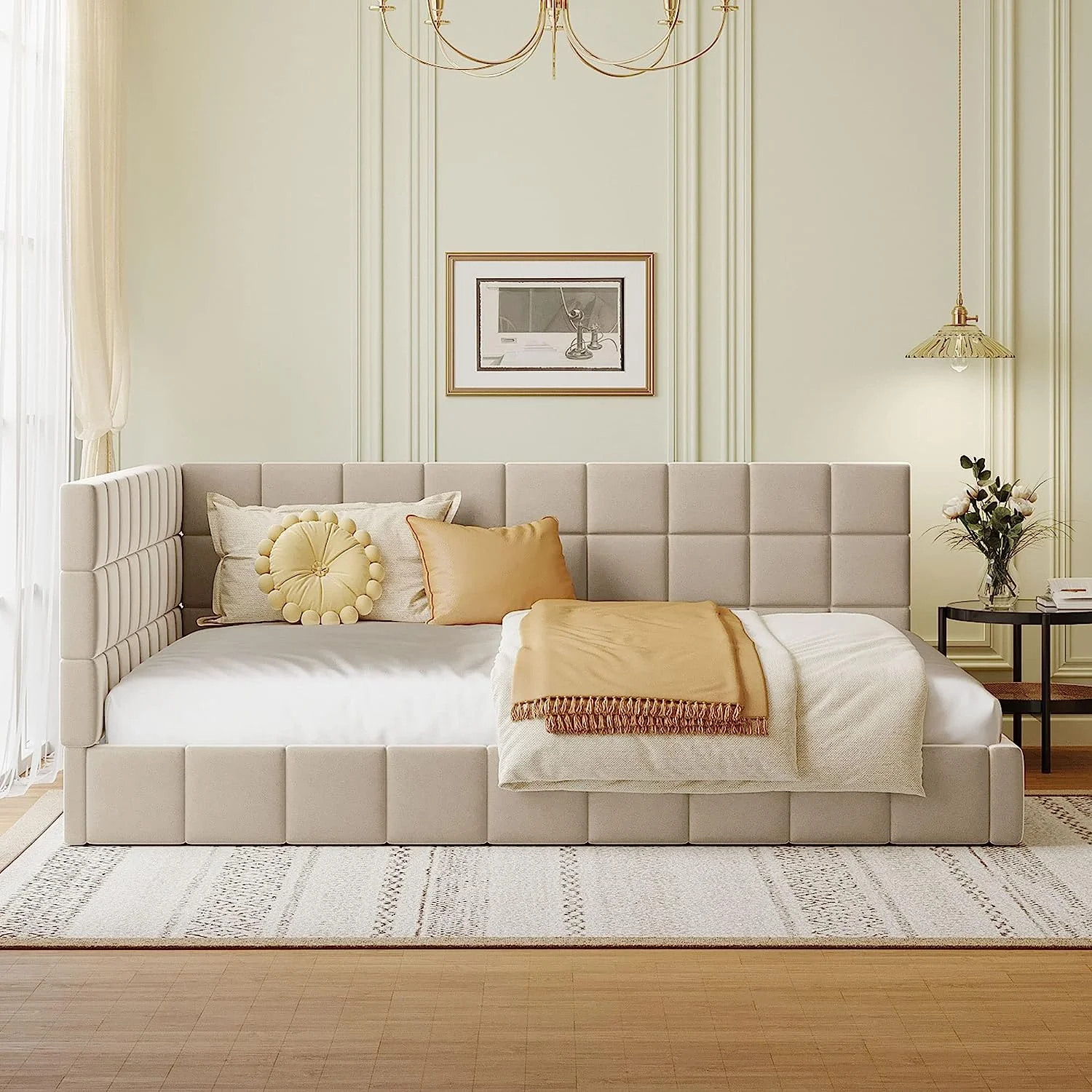 Full Size Upholsered Daybed, Wood L-Shape Daybed Frame, Velve ufed Sofa Bed Wih Wood Slas For Living Room, Bedroom, Gues Room, Beige