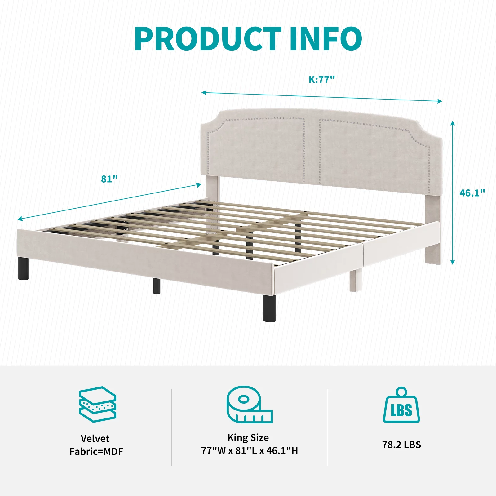 MUZZ King Bed Frame with High Headboard, Upholstered Platform Bed with Rivet Design, Wood Slat Support, Easy Assembly (King, Beige)