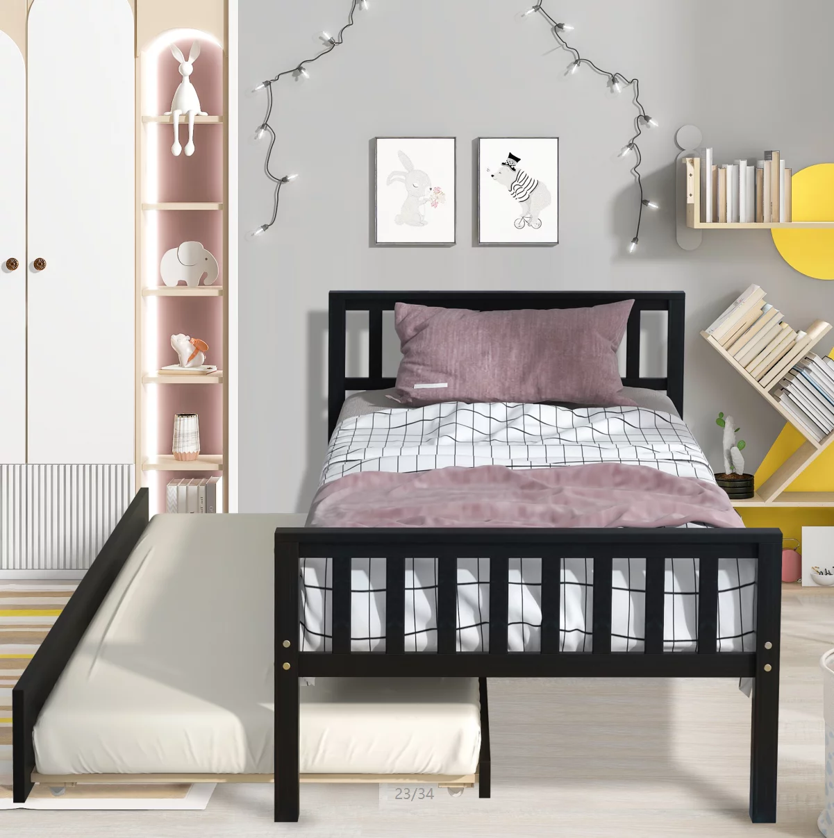 SESSLIFE Wooden Trundle Bed, Twin Platform Bed with Headboard Footboard, For Kids Room/Living Room/Guest Room, Mattress Foundation, No Box Spring Needed, Easy Assembly