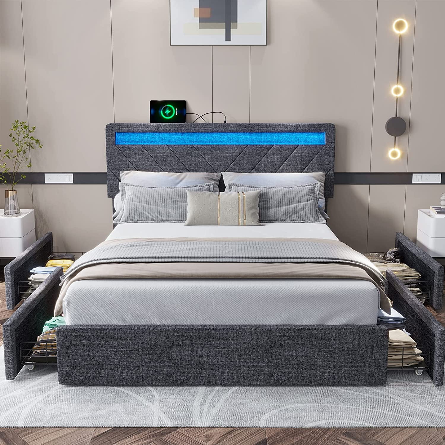 Queen Size Platform Bed Frame with 4 Storage Drawers and Charging Port,Modern Upholstered Bed for Bedroom,Led Light Headboard,Gray