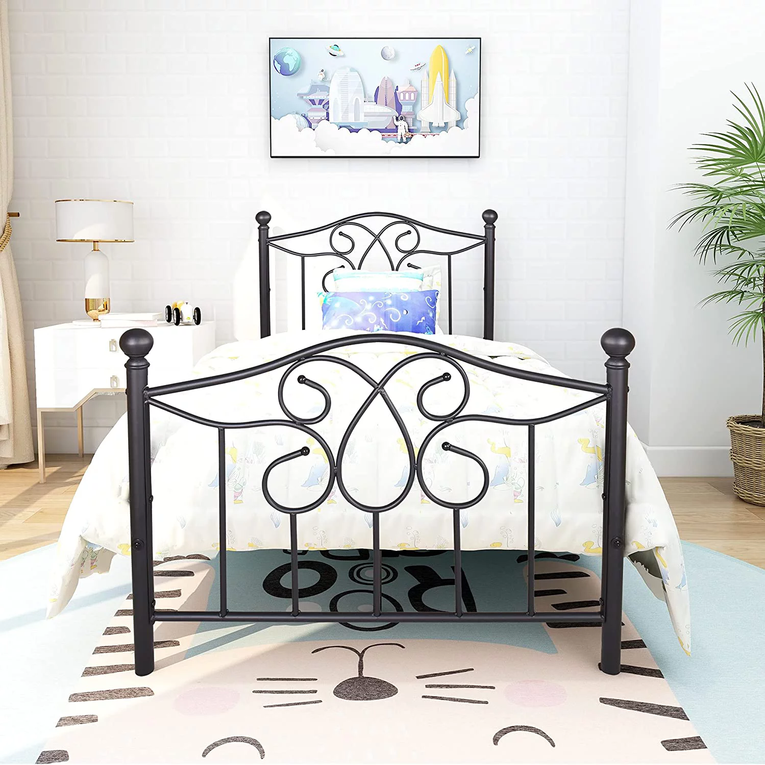 Metal Bed Frame Twin Size Platform with Headboard and Footboard No Box Spring Needed Black