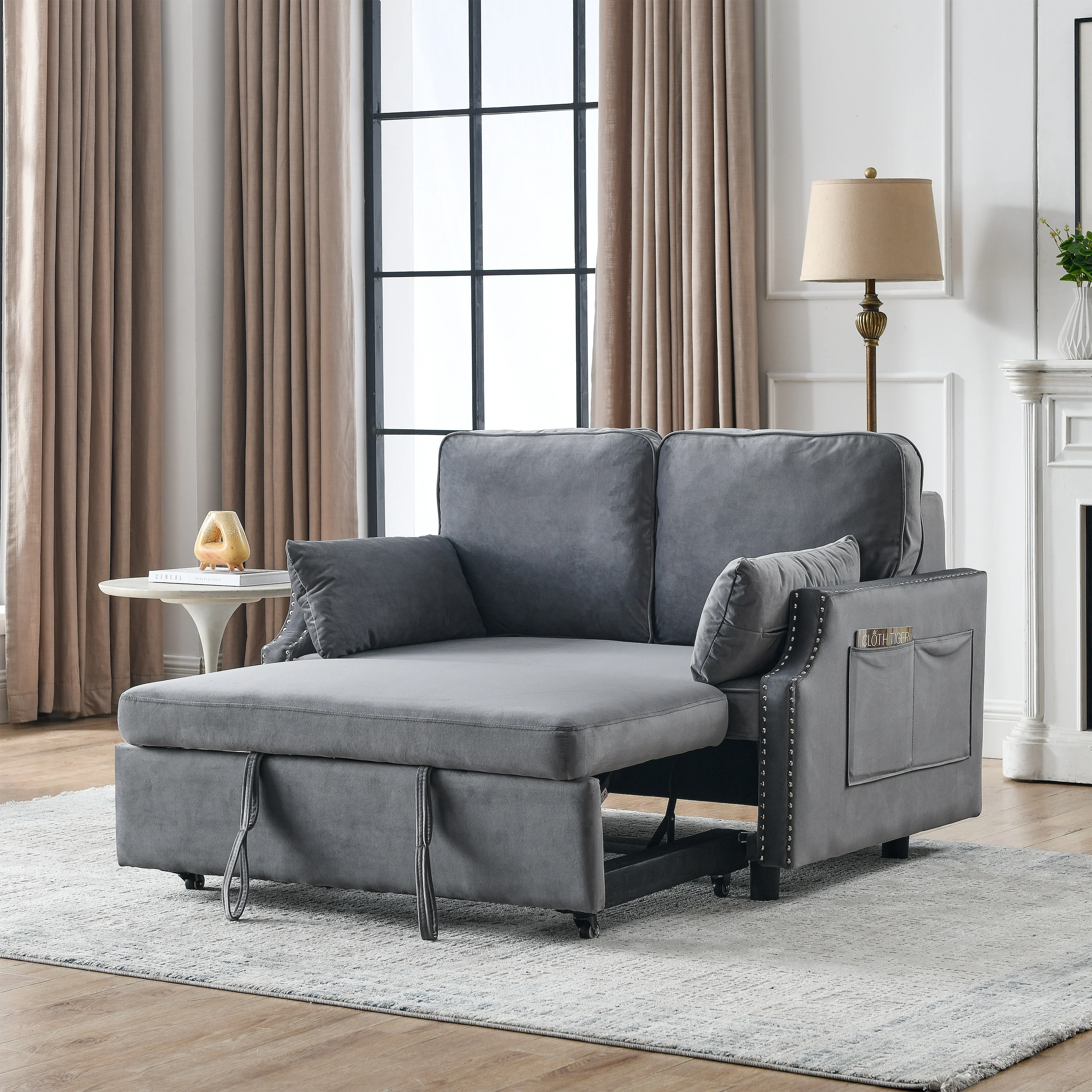 Grey Velvet Upholstered Recliner Bed with Pull-out Sleeper Sofa, Folding Loveseat Sofa Bed with Side Pockets for Living Room