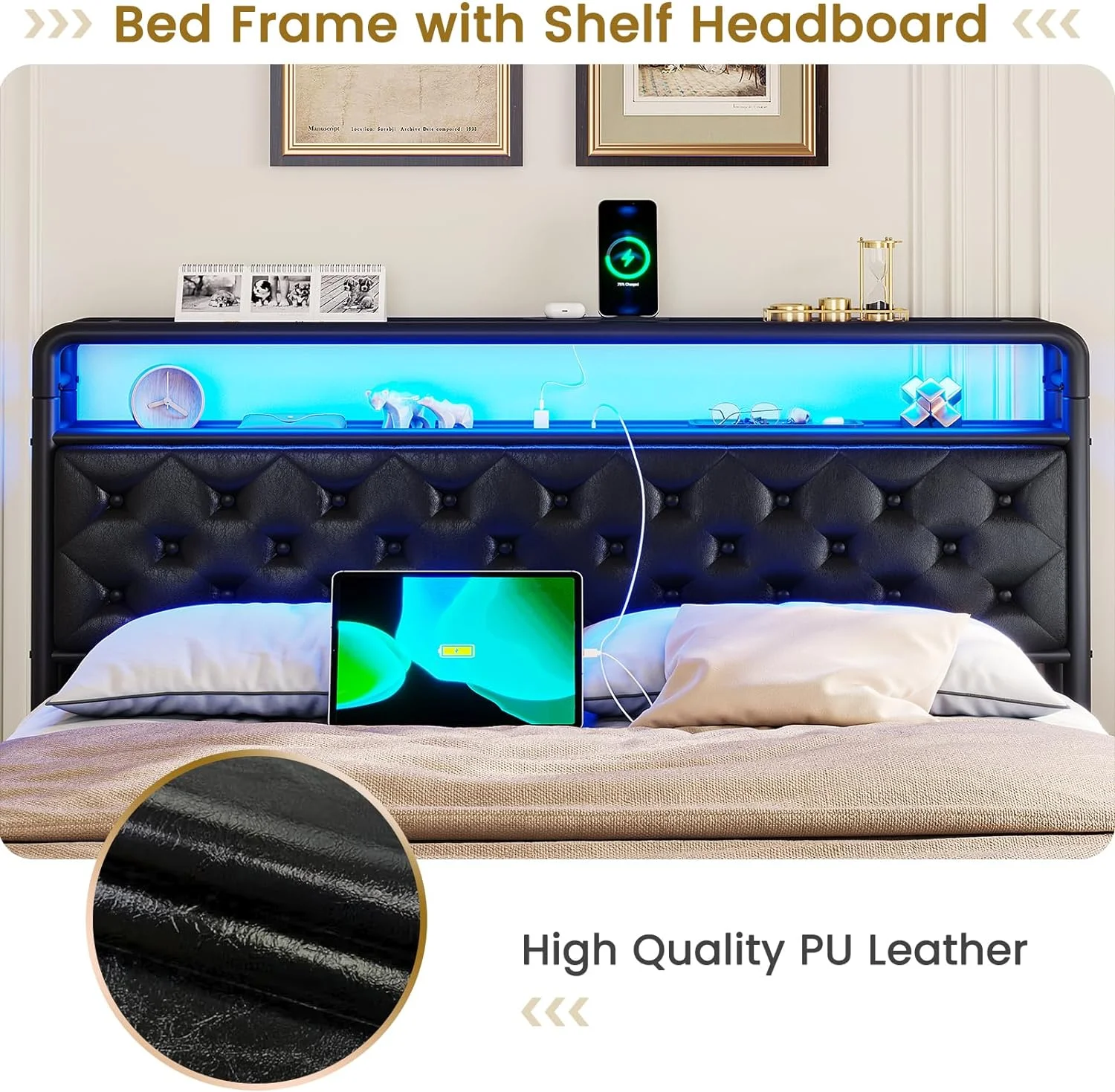 DICTAC Queen Size Upholstered Platform Bed Frame with LED Light Headboard, Faux Leather Bed Frame with USB Ports and Outlets, Diamonds Tufting Design, PU Black