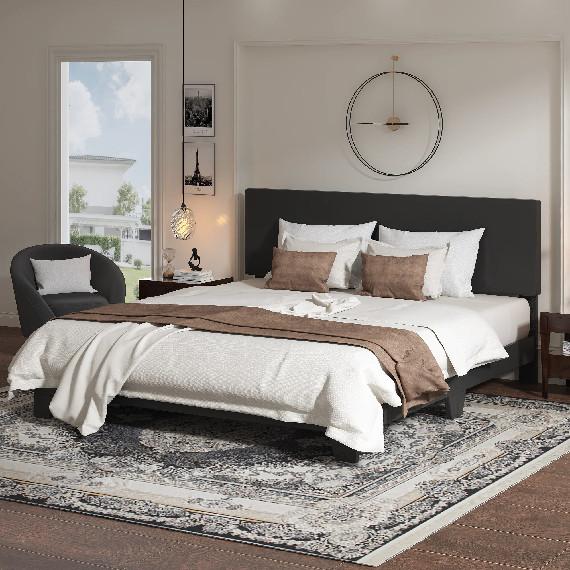 Einfach King Upholstered Platform Bed Frame with Adjustable Leather Headboard, No Box Spring Needed, Black