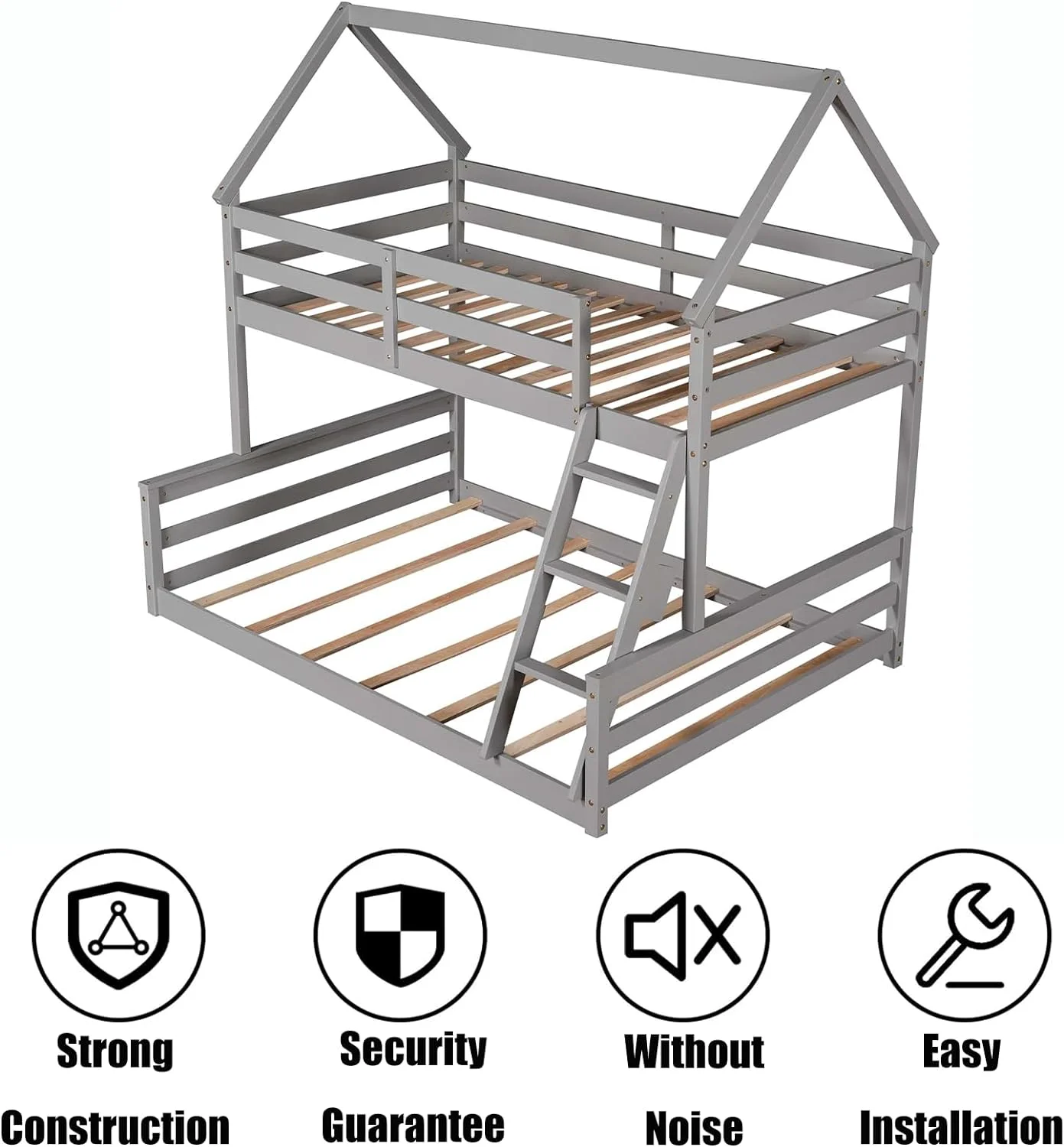 Twin Over Full Bunk Bed with Built-in Ladder, Pine Wood House Shape Bunk Bed with Full-Length Guardrail, House Bunk Bed Can Be Divided into 2 Separate Beds, No Box Spring Needed