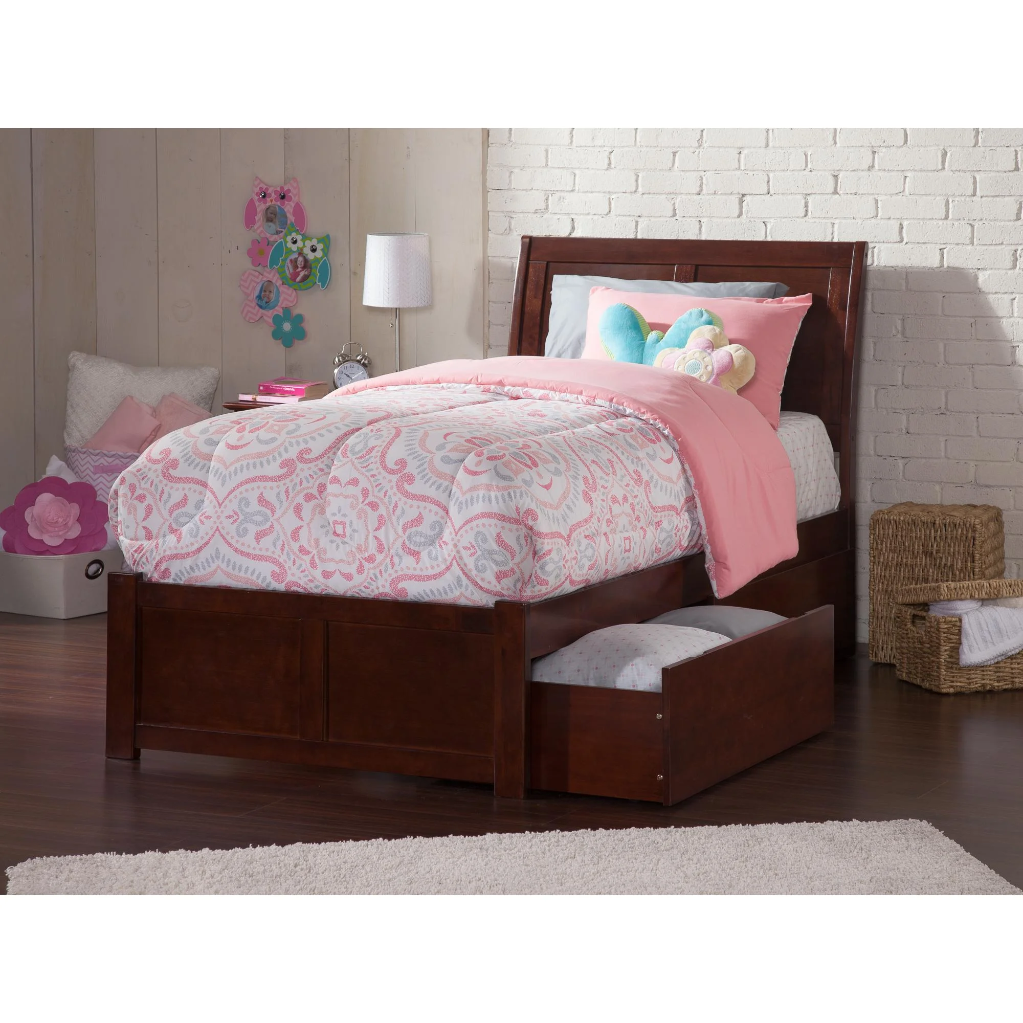 Portland Platform Bed with Flat Panel Foot Board and 2 Urban Bed Drawers in, Multiple Colors and Sizes