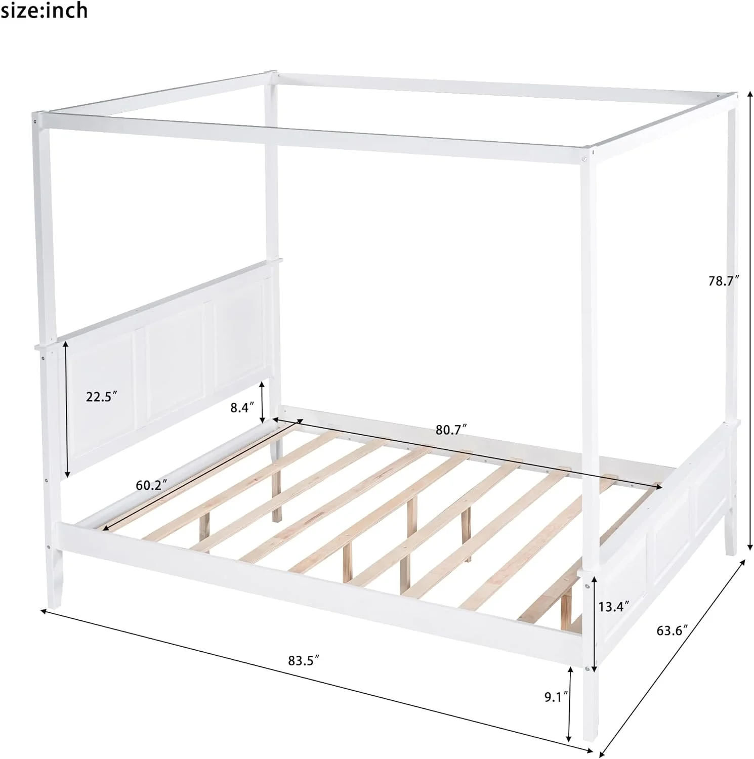 Queen Size Canopy Bed With Headboard And Footboard, Wood Queen Platform Bed With Slat Support, Queen Size Bed For Living Room Bedroom, No Box Spring Needed, White