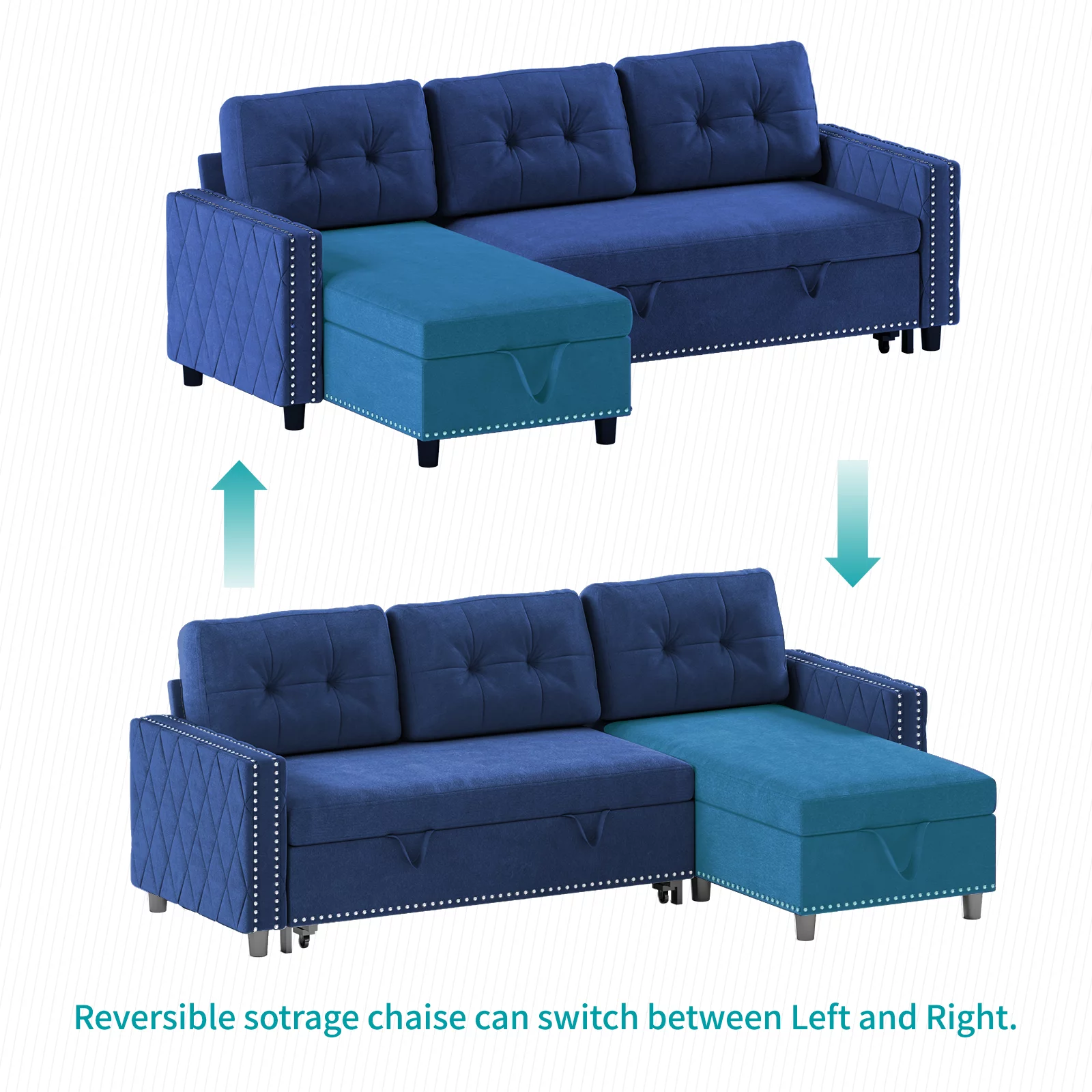 BALUS Reversible Sectional Sleeper Sofa with Storage Chaise, Velvet Upholstered L-Shape Sleeper Sectional Sofa Couch, Pull Out Sofa Bed Couch for Living Room, Office and Small Apartment (Blue)