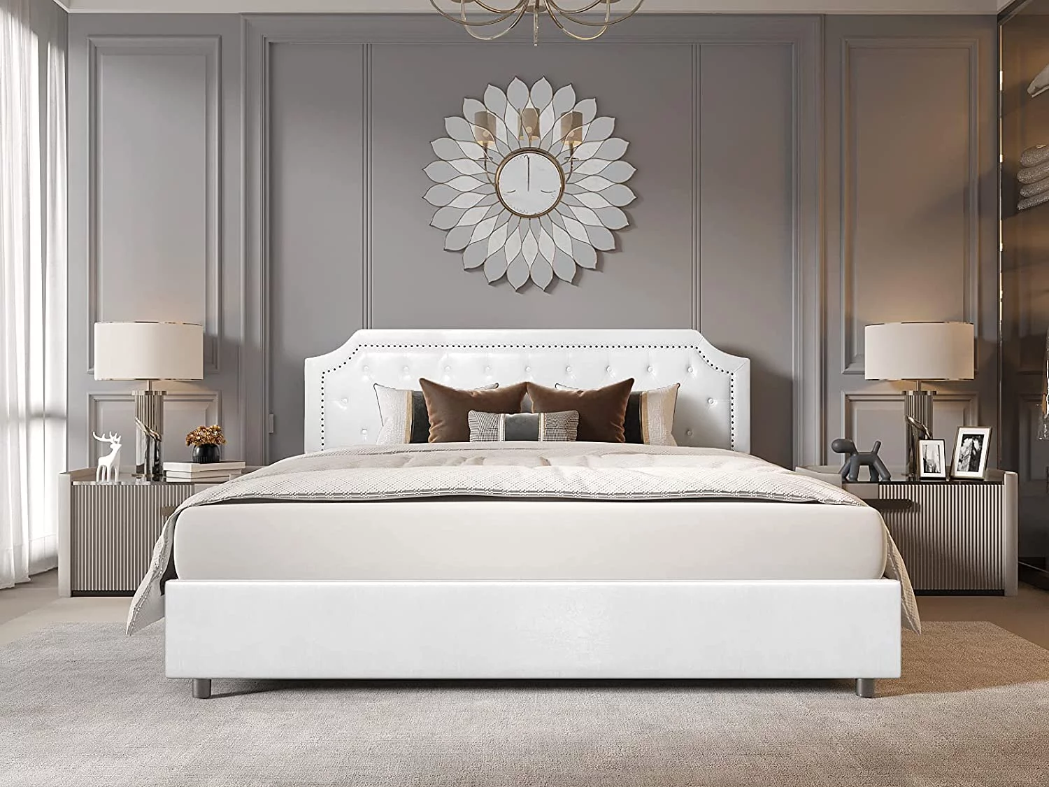 Bed Frame Upholstered Low Profile Platform Bed with Tufted Faux Leather Headboard/No Box Spring Needed/No Bed Skirt Needed (White King Size)