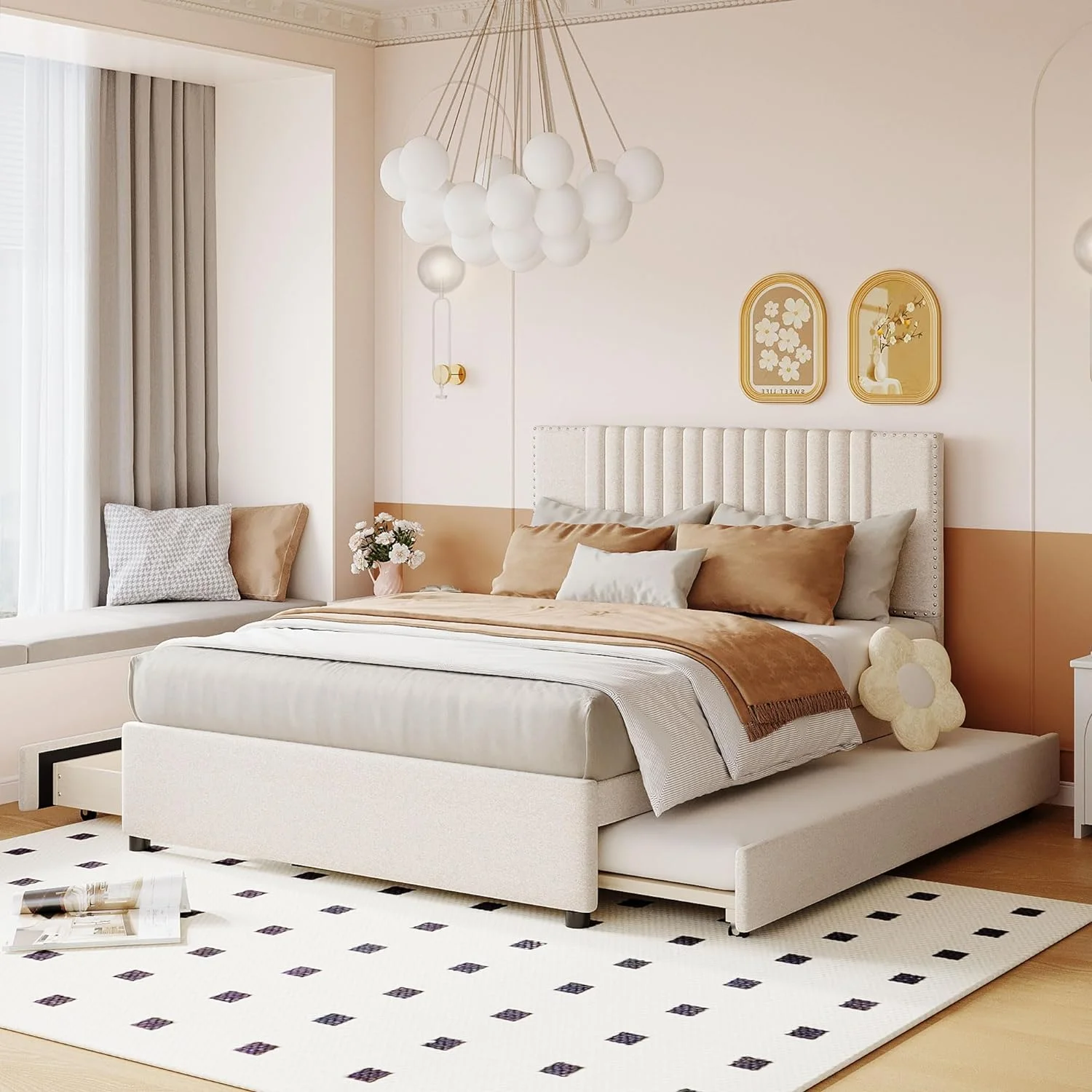 Full Size Lie Upholsered Plaform Bed Wih 2 Drawers Ad Size rudle,Full Size Plaform Bed Frame Wih Headboard,Beige