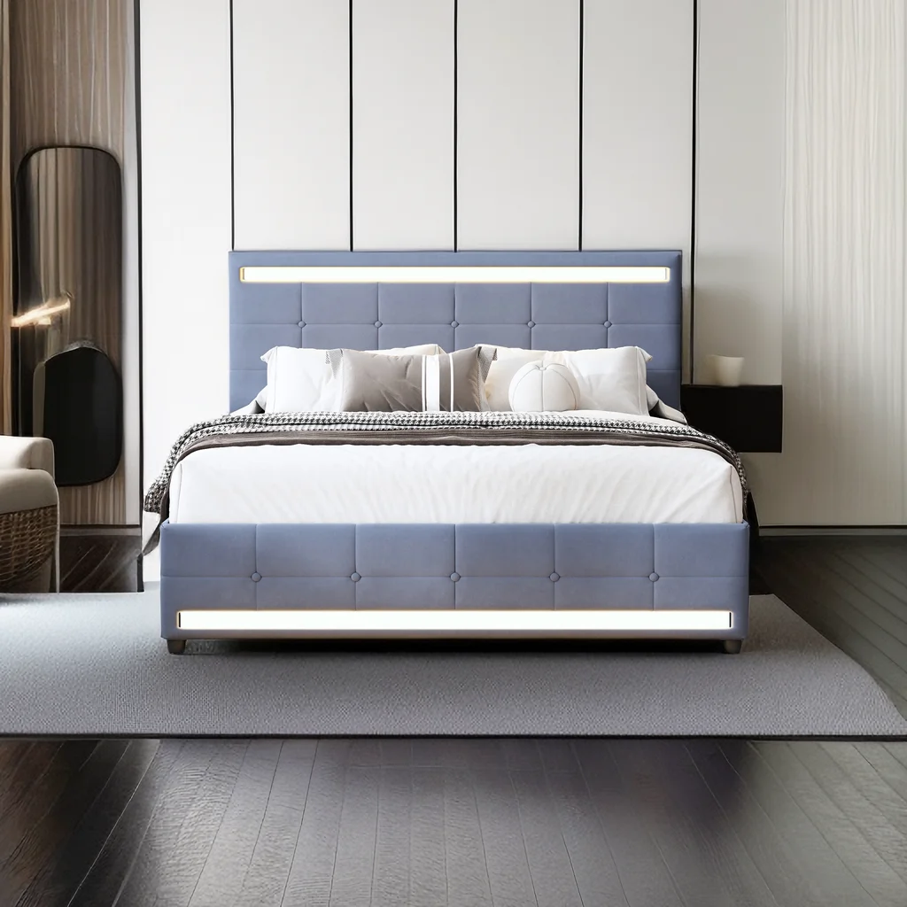 Full Size Upholstered Platform Bed with 4 Drawers and a Set of Type C and USB Ports, Velvet Upholstered Bed Frame with LED Light Headboard and Footboard, Adjustable Headboard