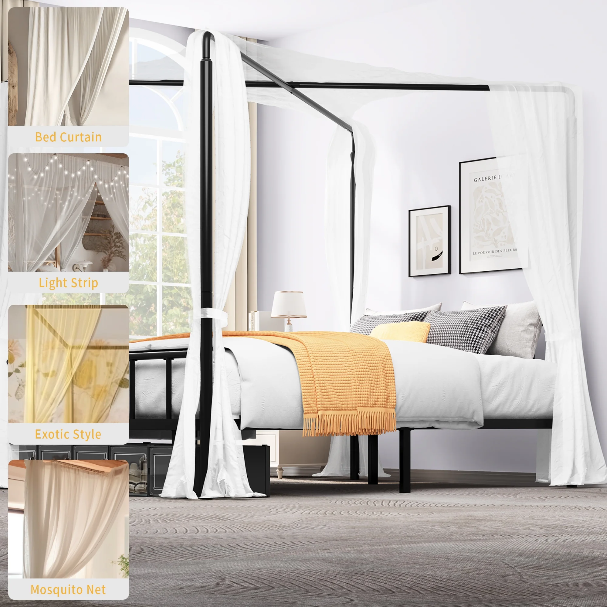 Dextrus King Size Canopy Bed Frame, Metal Four Poster Platform Bed Frame with Underbed Storage Space, Headboard & Footboard, No Box Spring Needed - Black